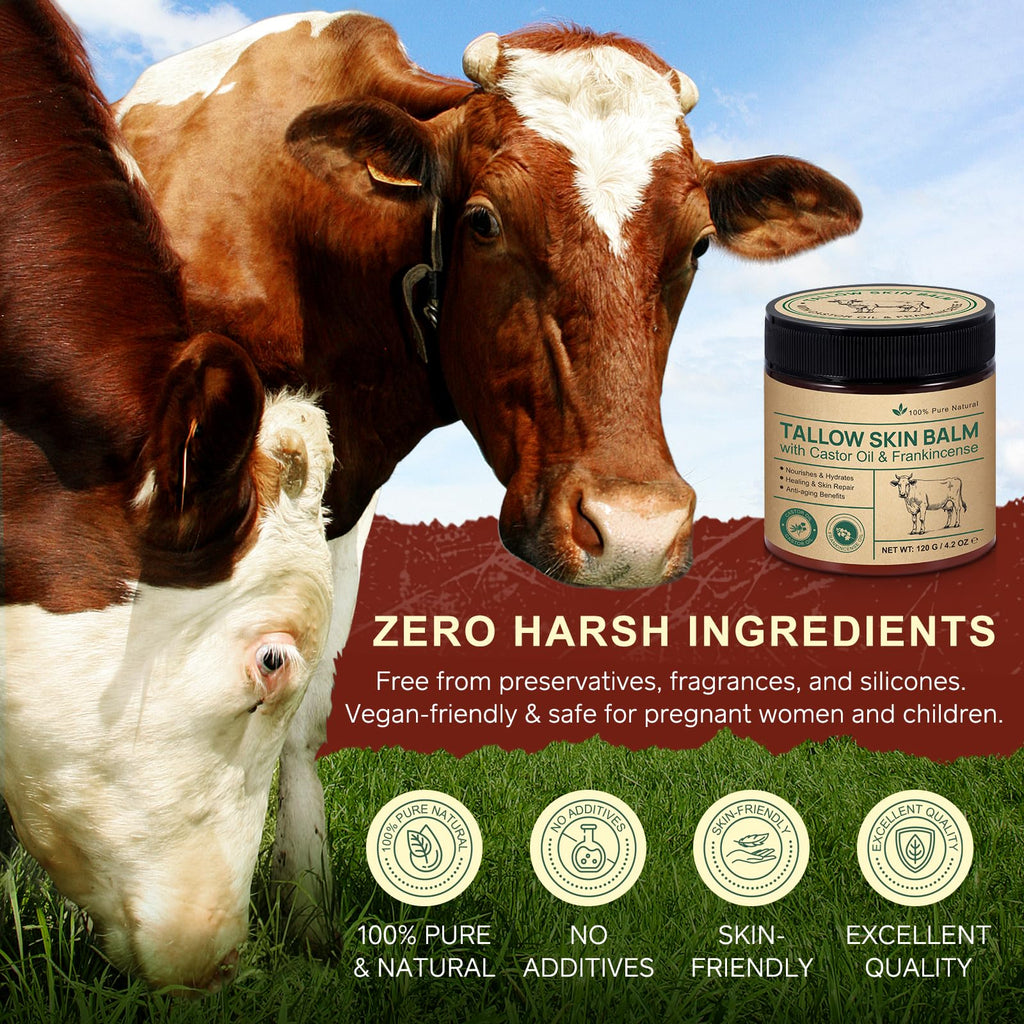 Shuangjia Handmade Tallow Balm with Castor Oil & Frankincense — Grass-Fed Skin Moisturizer for Face & Body