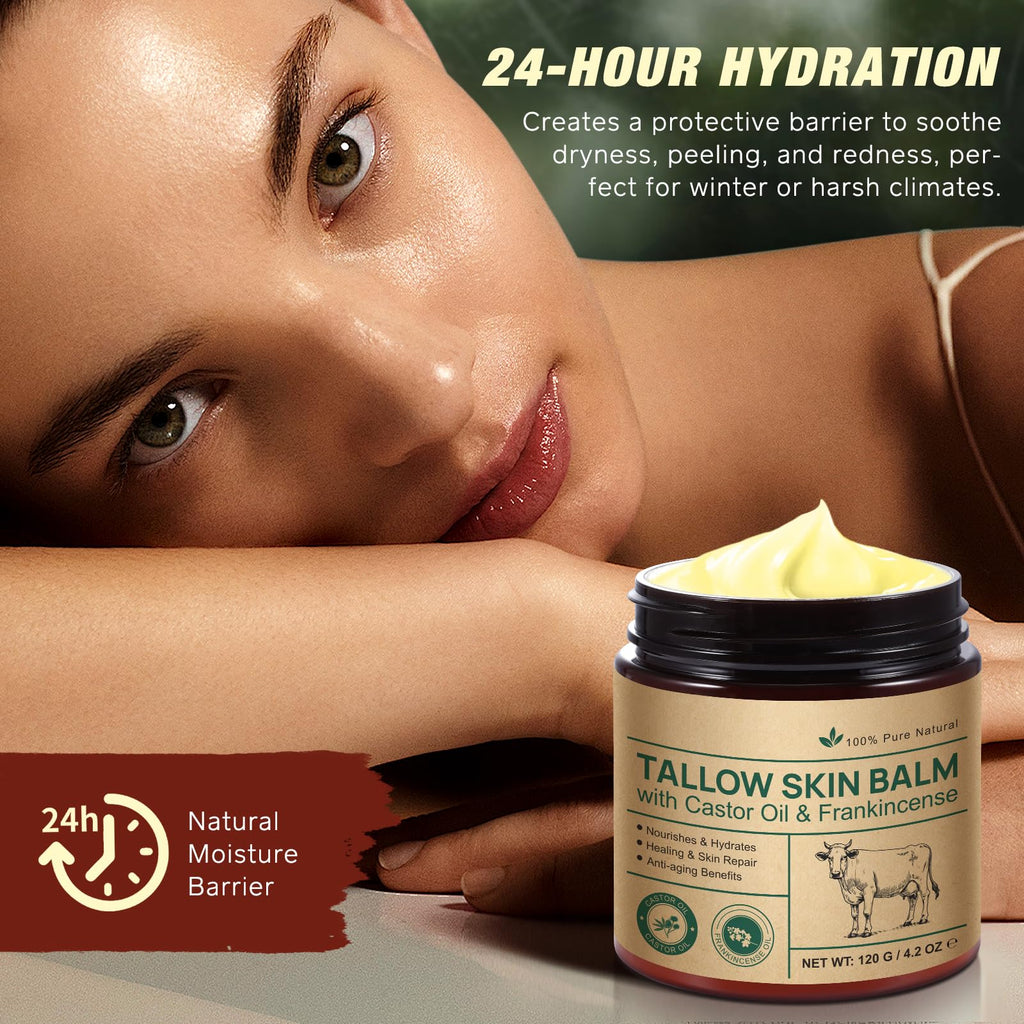Shuangjia Handmade Tallow Balm with Castor Oil & Frankincense — Grass-Fed Skin Moisturizer for Face & Body