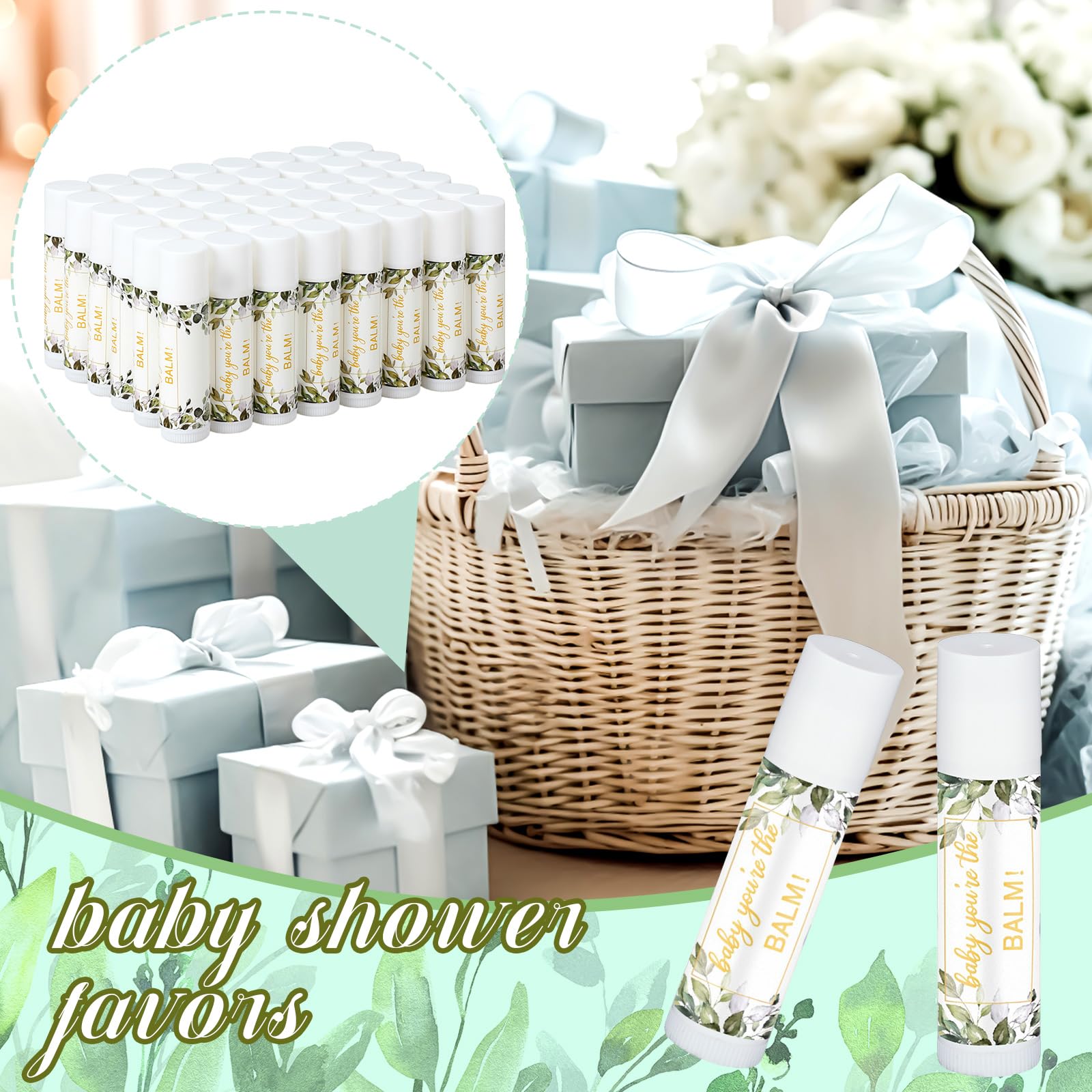 Siifert 50 Pack Greenery Baby Shower Lip Balm Favors – Bulk Lip Balm Gifts for Guests