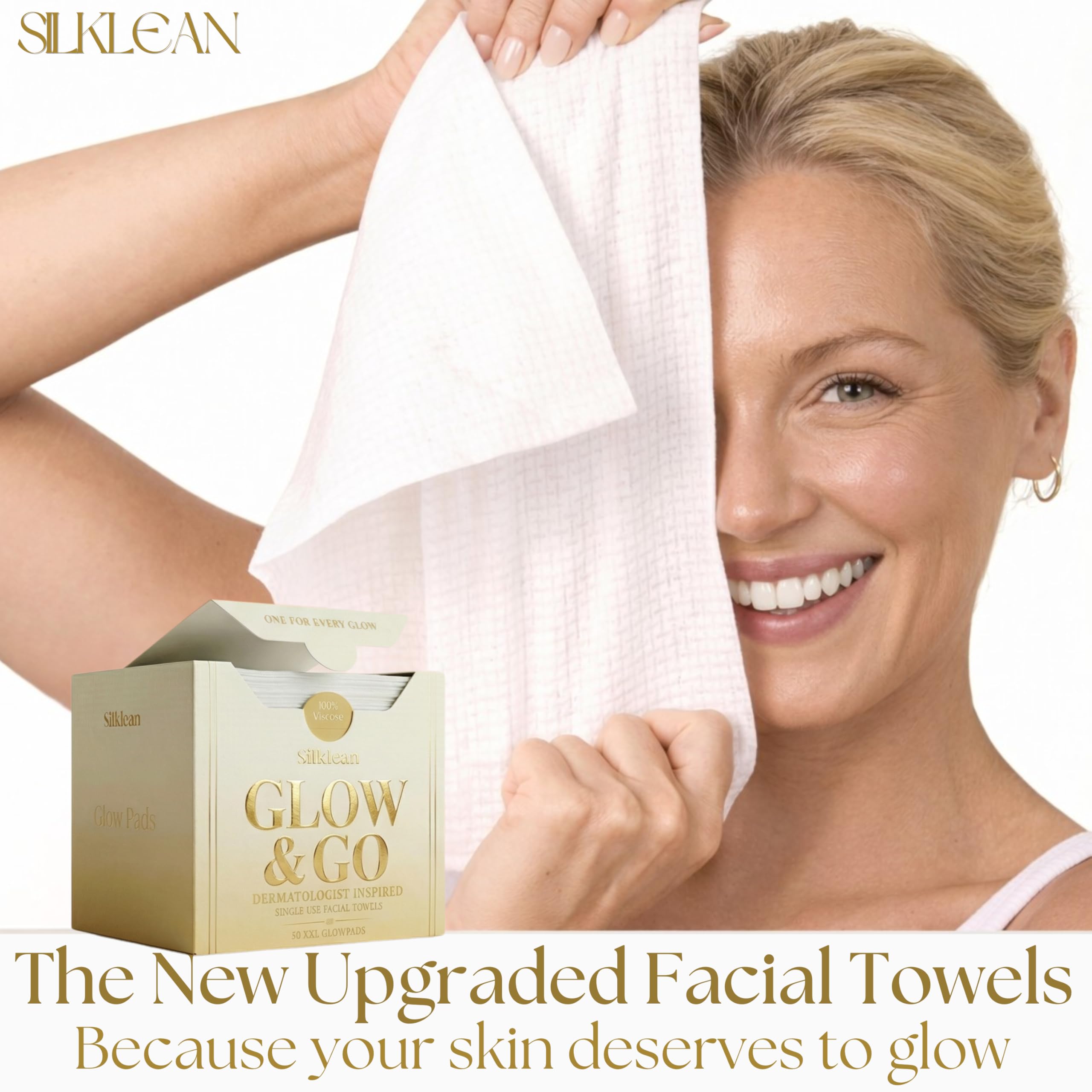 Silklean Glow and Go XL Disposable Face Towel – 100 Count (2 Pack), Biodegradable & Fragrance-Free