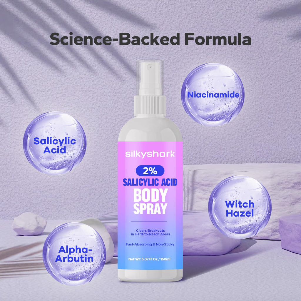 SilkyShark Salicylic Acid Spray — 2% Body Acne Treatment, 360° Mist