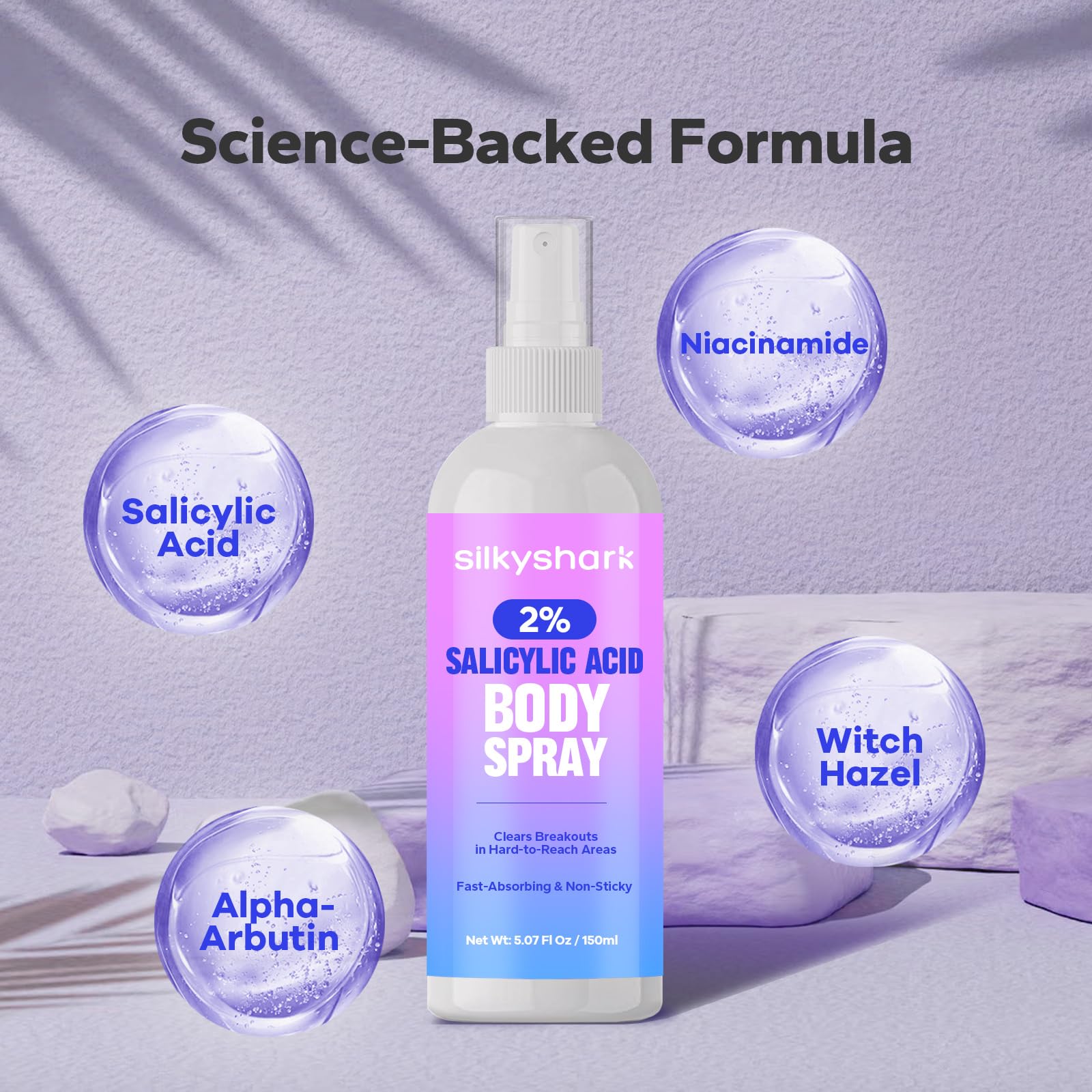 SilkyShark Salicylic Acid Spray — 2% Body Acne Treatment, 360° Mist