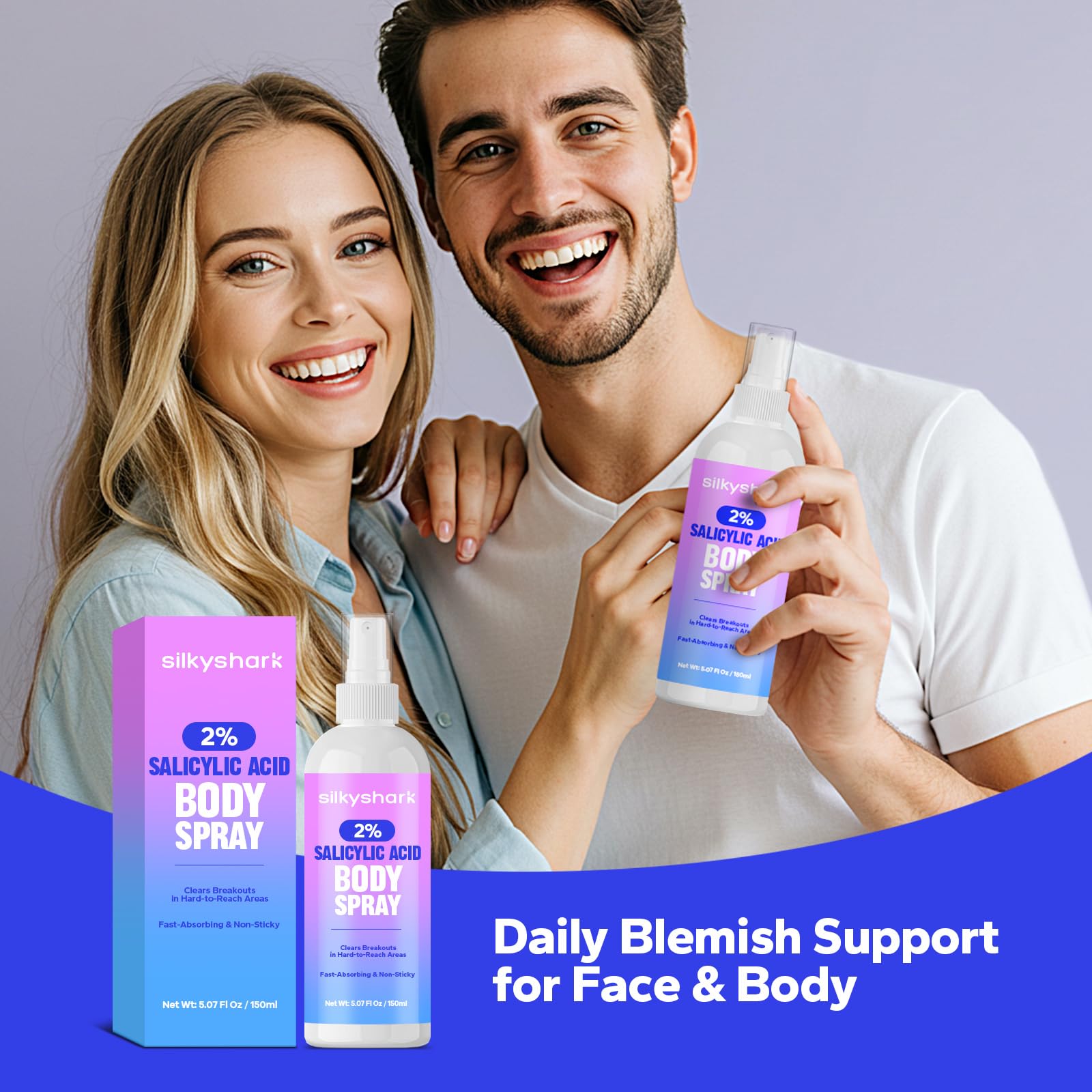 SilkyShark Salicylic Acid Spray — 2% Body Acne Treatment, 360° Mist