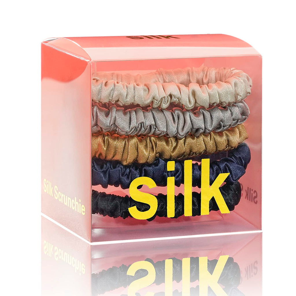 Silmer Silk Scrunchies – 5 Pack 100% Mulberry Silk Hair Ties (Caramel, Dark Grey, Champagne Gold, Navy Blue, Black)