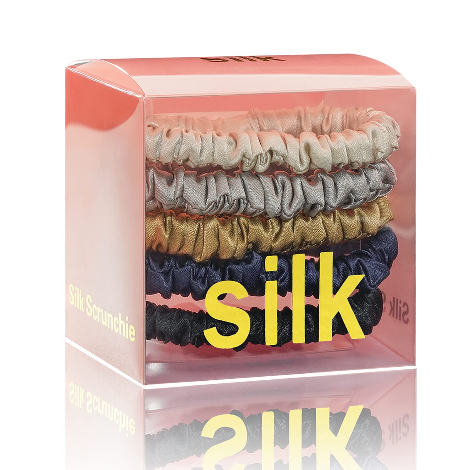 Silmer Silk Scrunchies – 5 Pack 100% Mulberry Silk Hair Ties (Caramel, Dark Grey, Champagne Gold, Navy Blue, Black)