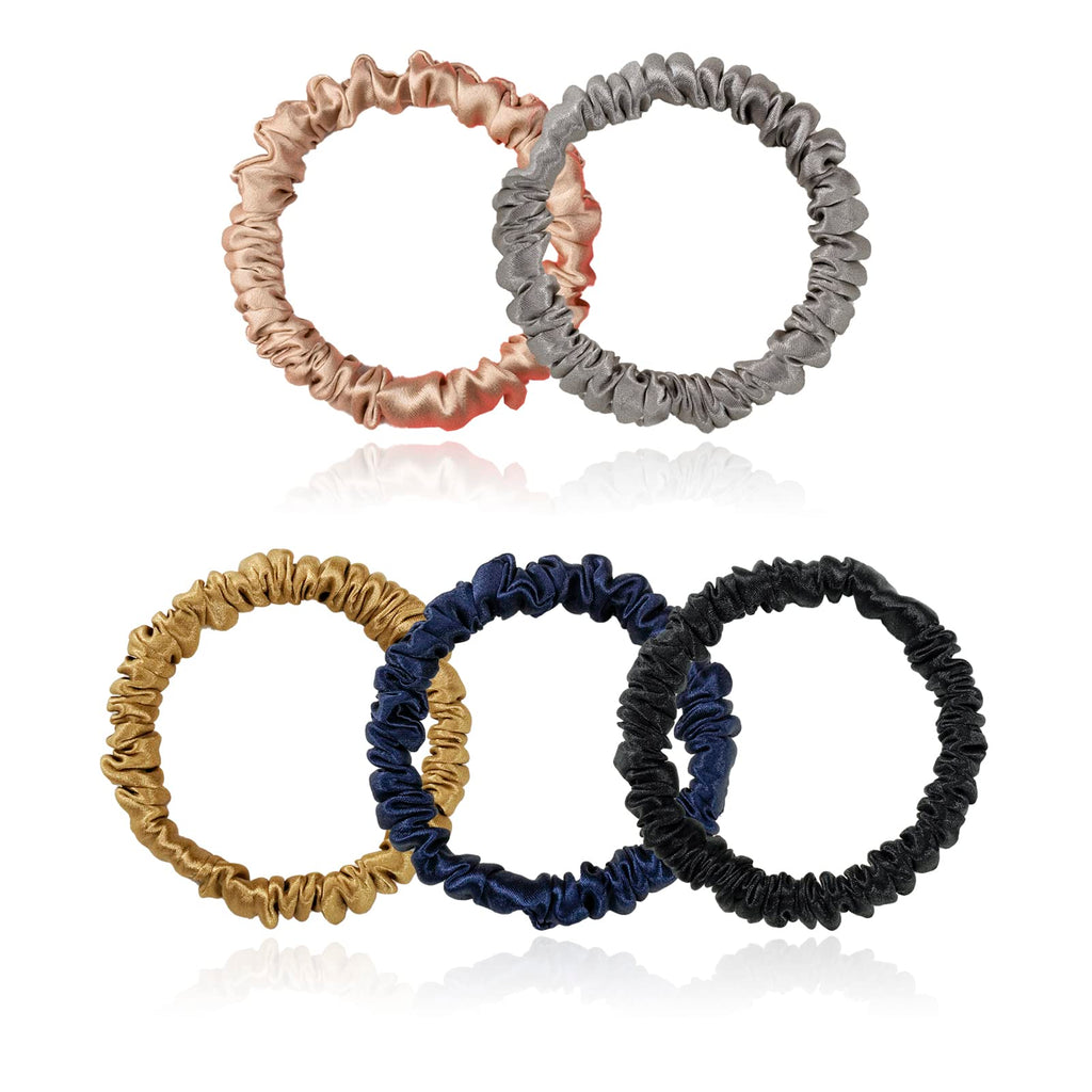 Silmer Silk Scrunchies – 5 Pack 100% Mulberry Silk Hair Ties (Caramel, Dark Grey, Champagne Gold, Navy Blue, Black)