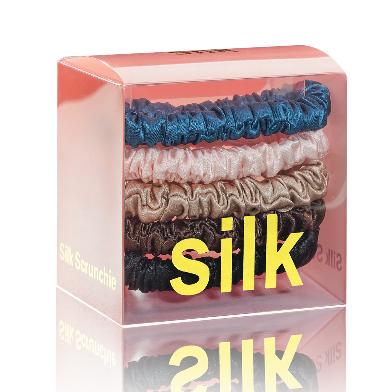 Silmer Silk Scrunchies – 22 Momme Mulberry Silk, 5-Pack (Peacock Blue, Pink, Apricot, Dark Coffee, Black)