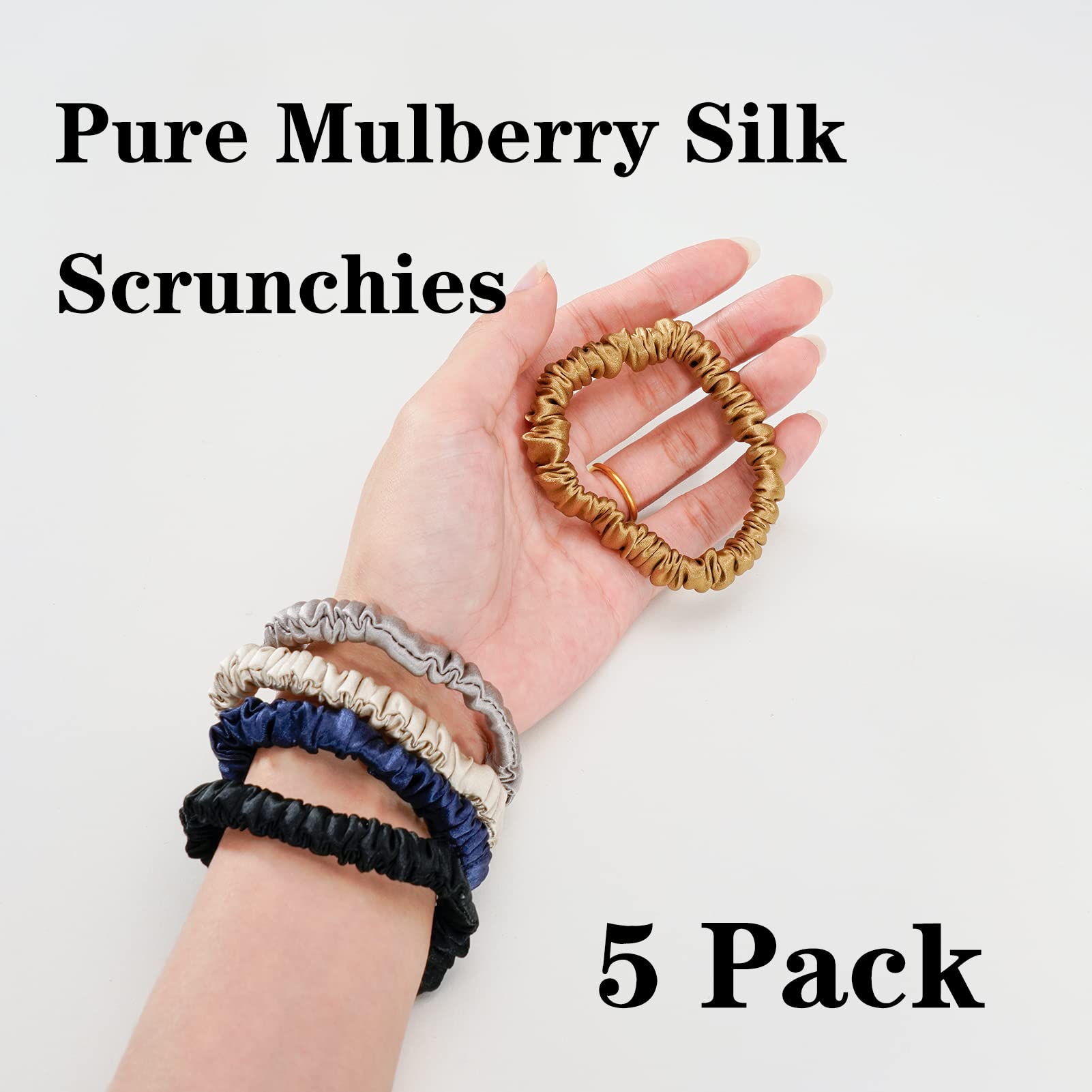 Silmer Silk Scrunchies – 5 Pack 100% Mulberry Silk Hair Ties (Caramel, Dark Grey, Champagne Gold, Navy Blue, Black)