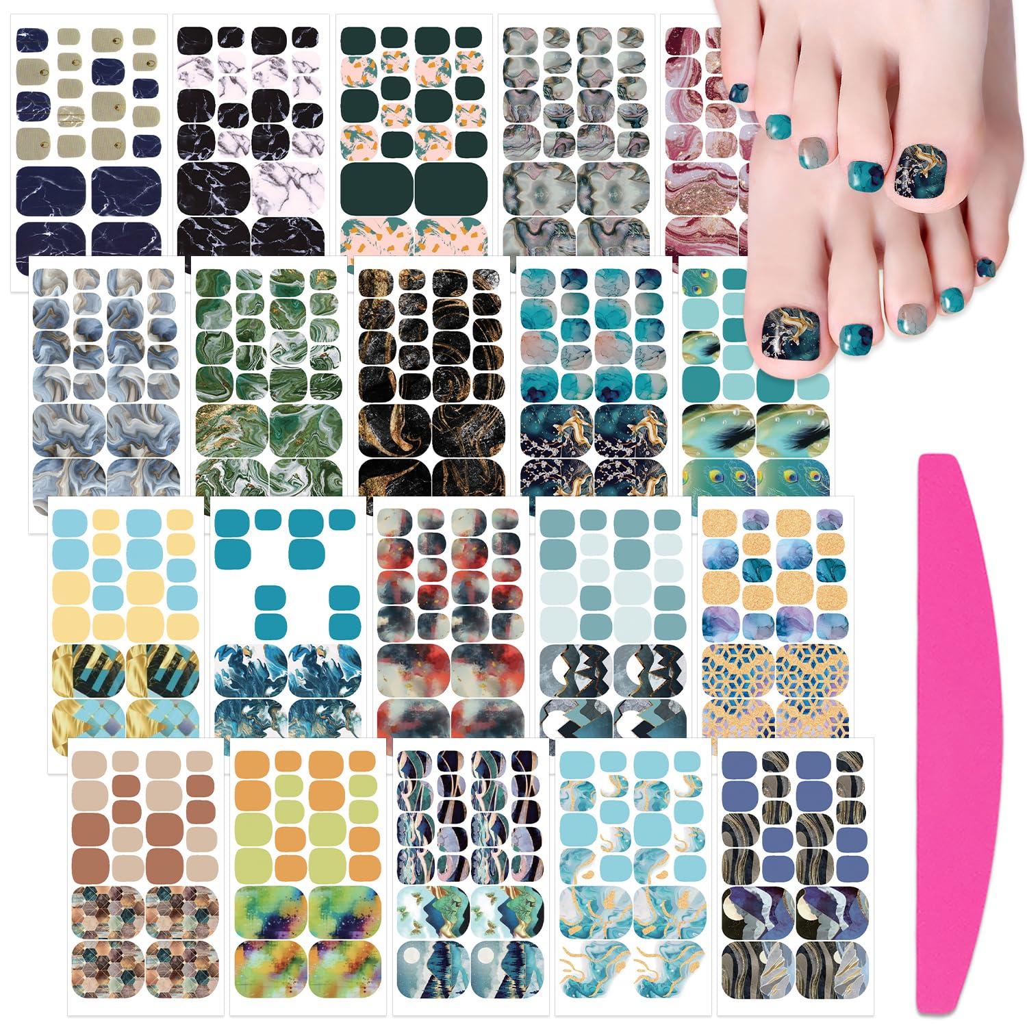 SILPECWEE Toe Nail Stickers – Marble Design Nail Wraps, 20 Sheets + File