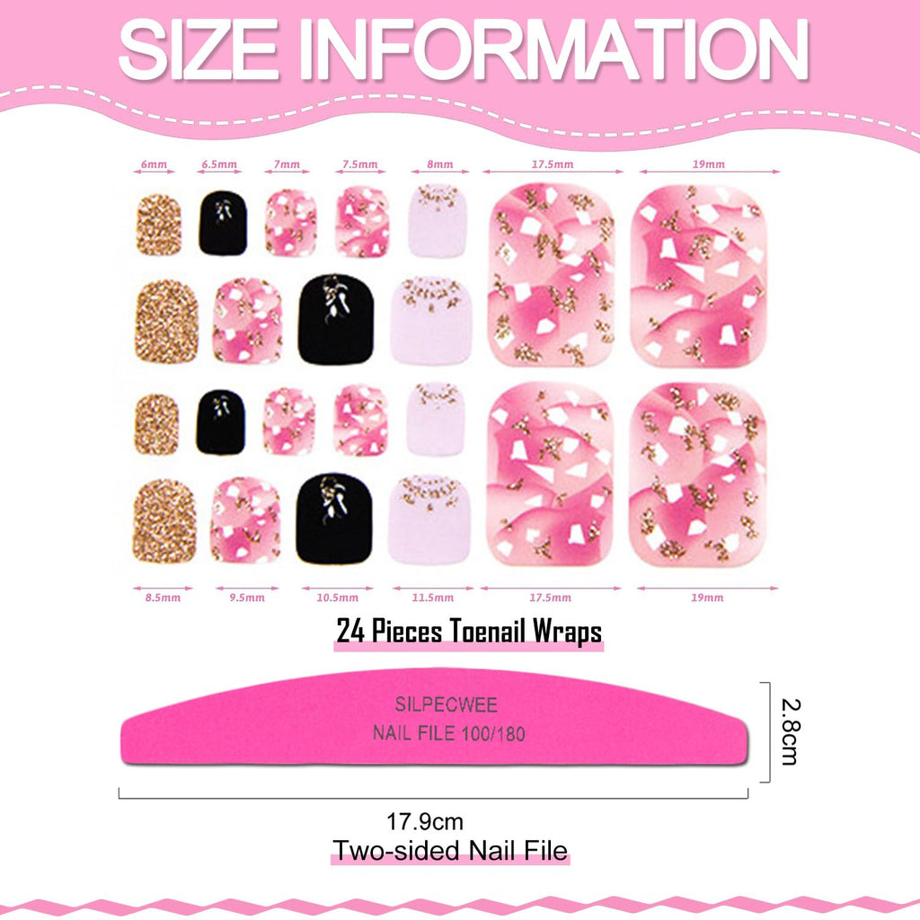SILPECWEE 20 Sheets Adhesive Toe Nail Wraps – Flower Marbling, Strawberry & Solid Colors + Nail File