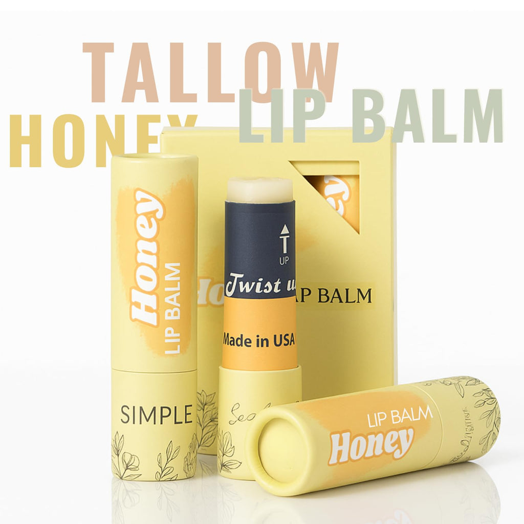 Natural Honey Lip Balm – 3 Pack by Simple Sophistication | Grassfed Tallow, Raw Honey & Argan Oil, Untinted
