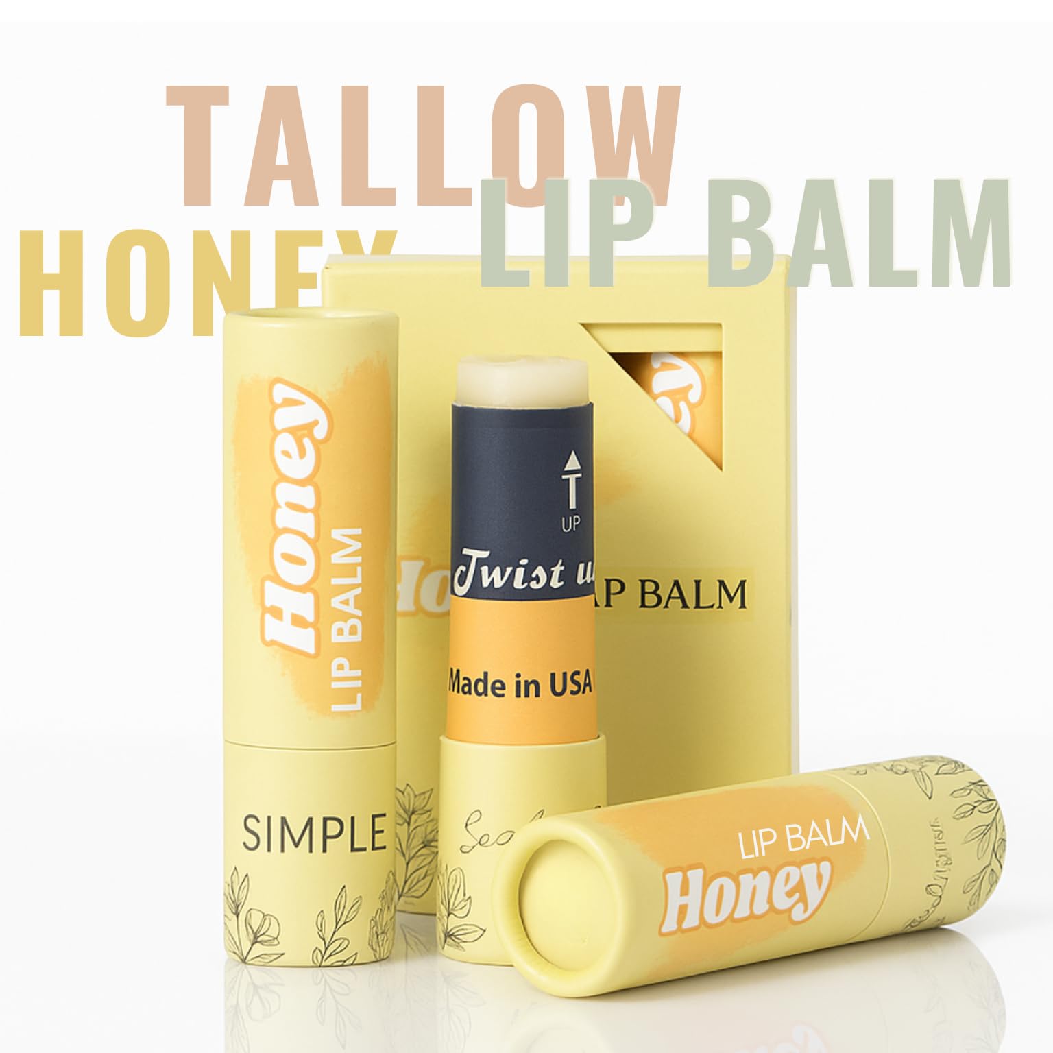 Natural Honey Lip Balm – 3 Pack by Simple Sophistication | Grassfed Tallow, Raw Honey & Argan Oil, Untinted