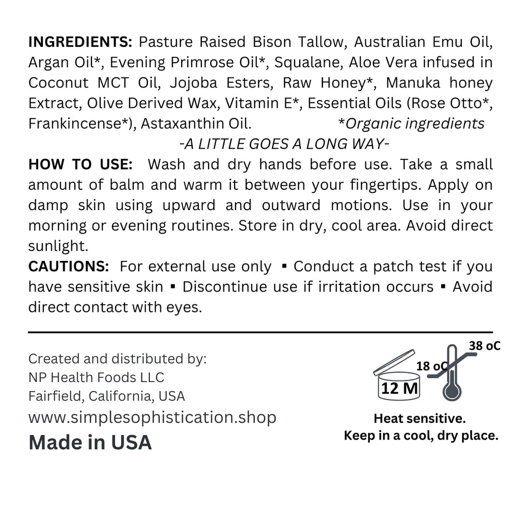 Simple Sophistication BISON EMU HONEY Balm – All-Natural Tallow Skincare (2 oz)