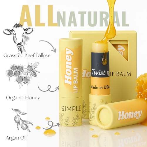 Natural Honey Lip Balm – 3 Pack by Simple Sophistication | Grassfed Tallow, Raw Honey & Argan Oil, Untinted