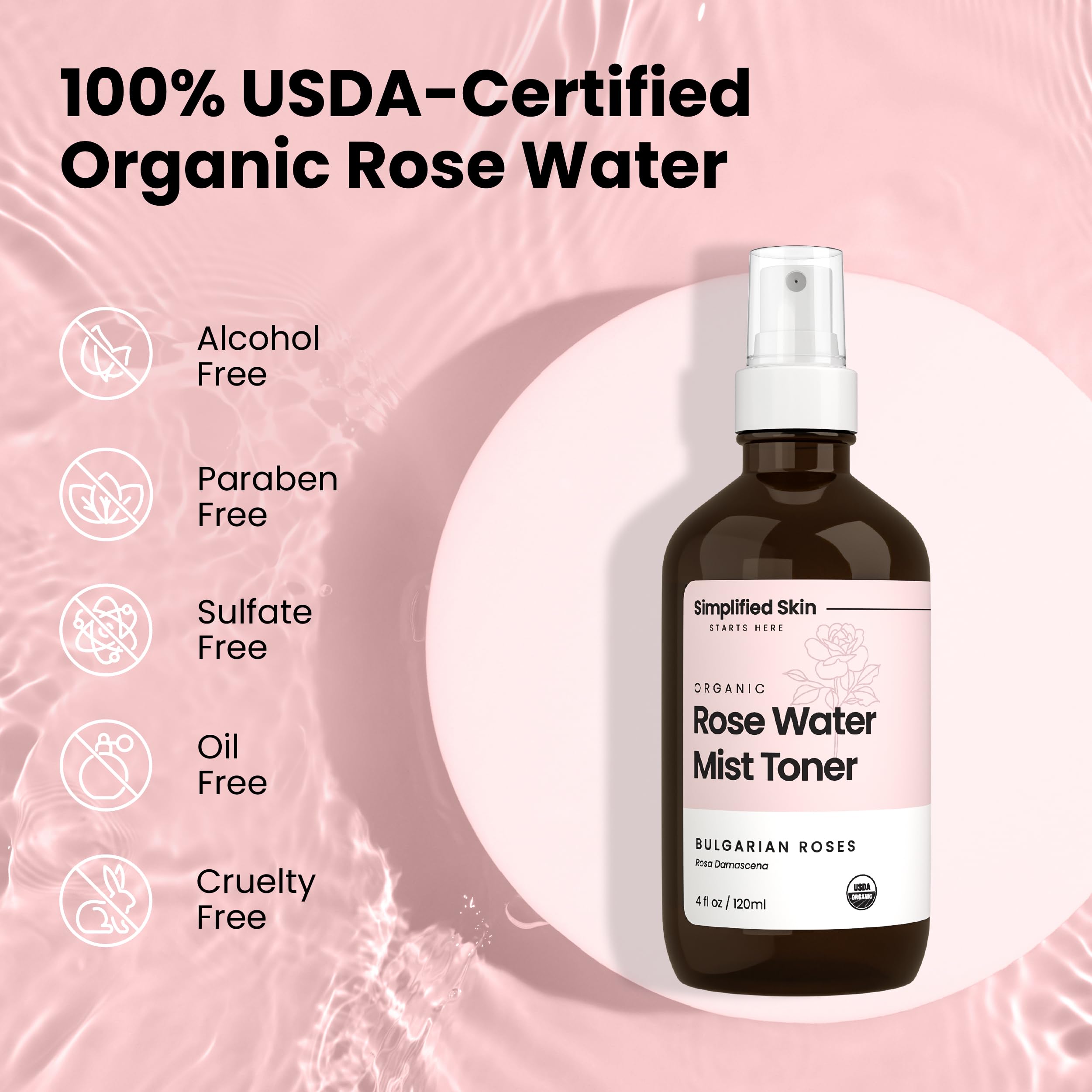 Rose Water Spray for Face & Hair – USDA Organic Rosewater Toner – Simplified Skin, 4 Oz (2 Pack)
