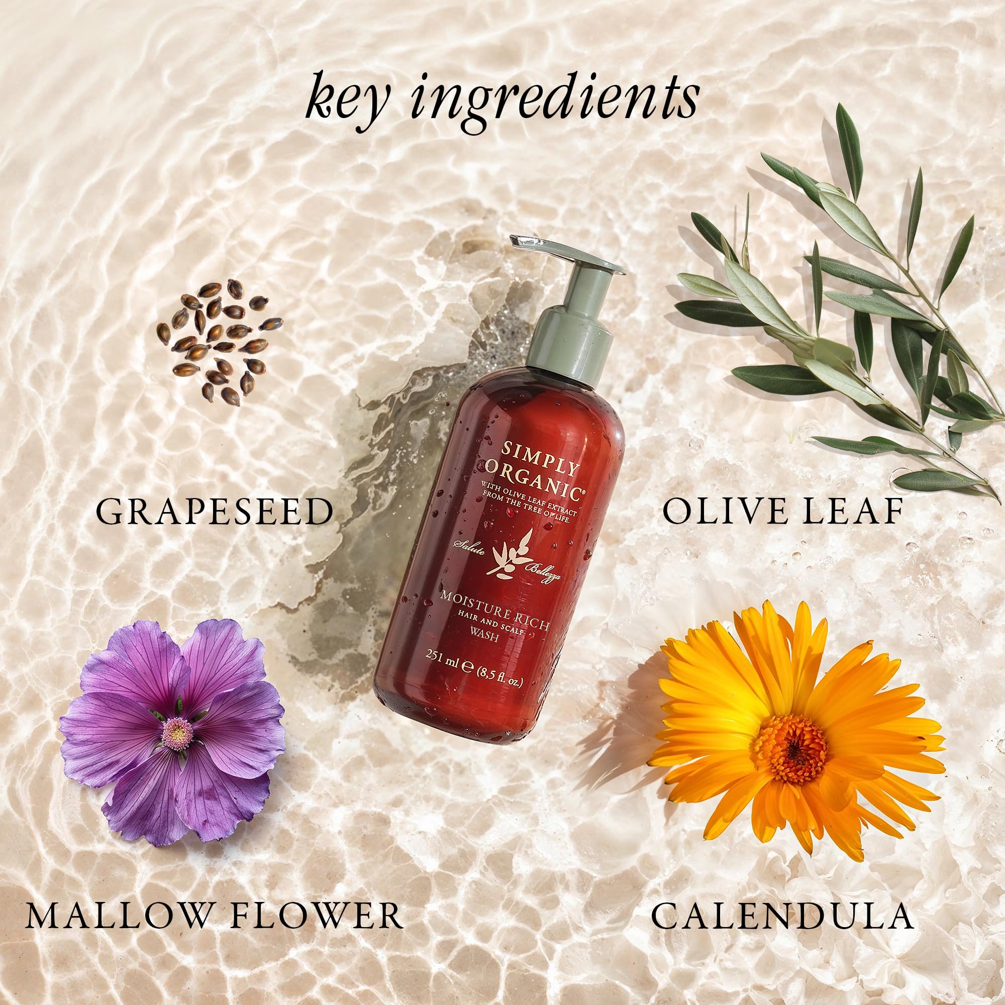 SIMPLY ORGANIC Nourishing Hair Deep Shampoo Scalp Wash – Moisture Rich, Made in Italy, Cruelty-Free, Grapeseed & Olive Leaf Extract, 251ml