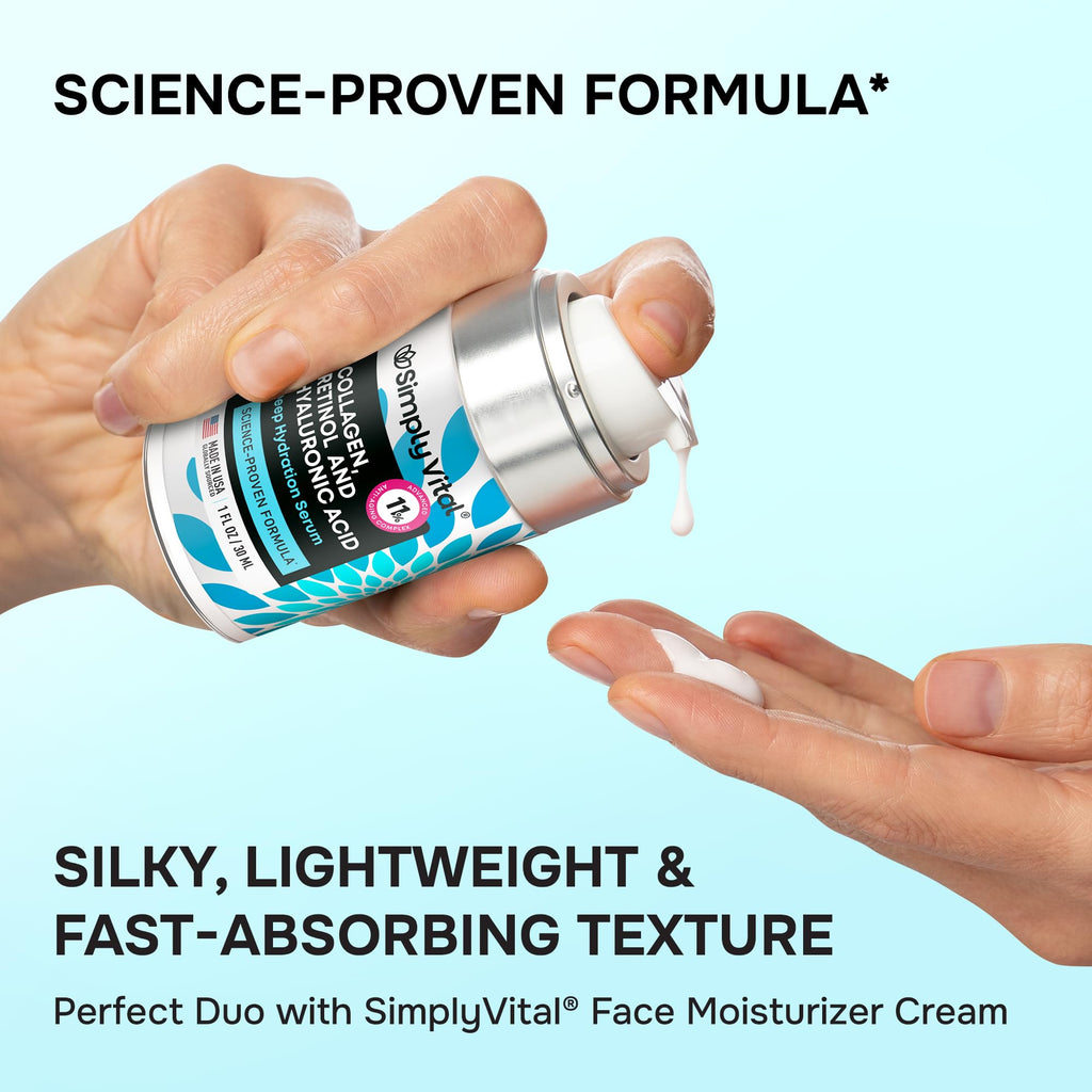 SimplyVital Collagen, Retinol & Hyaluronic Acid Serum – Anti-Aging Daily Moisturizer for Face, Neck & Chest | Made in USA | 1 fl oz