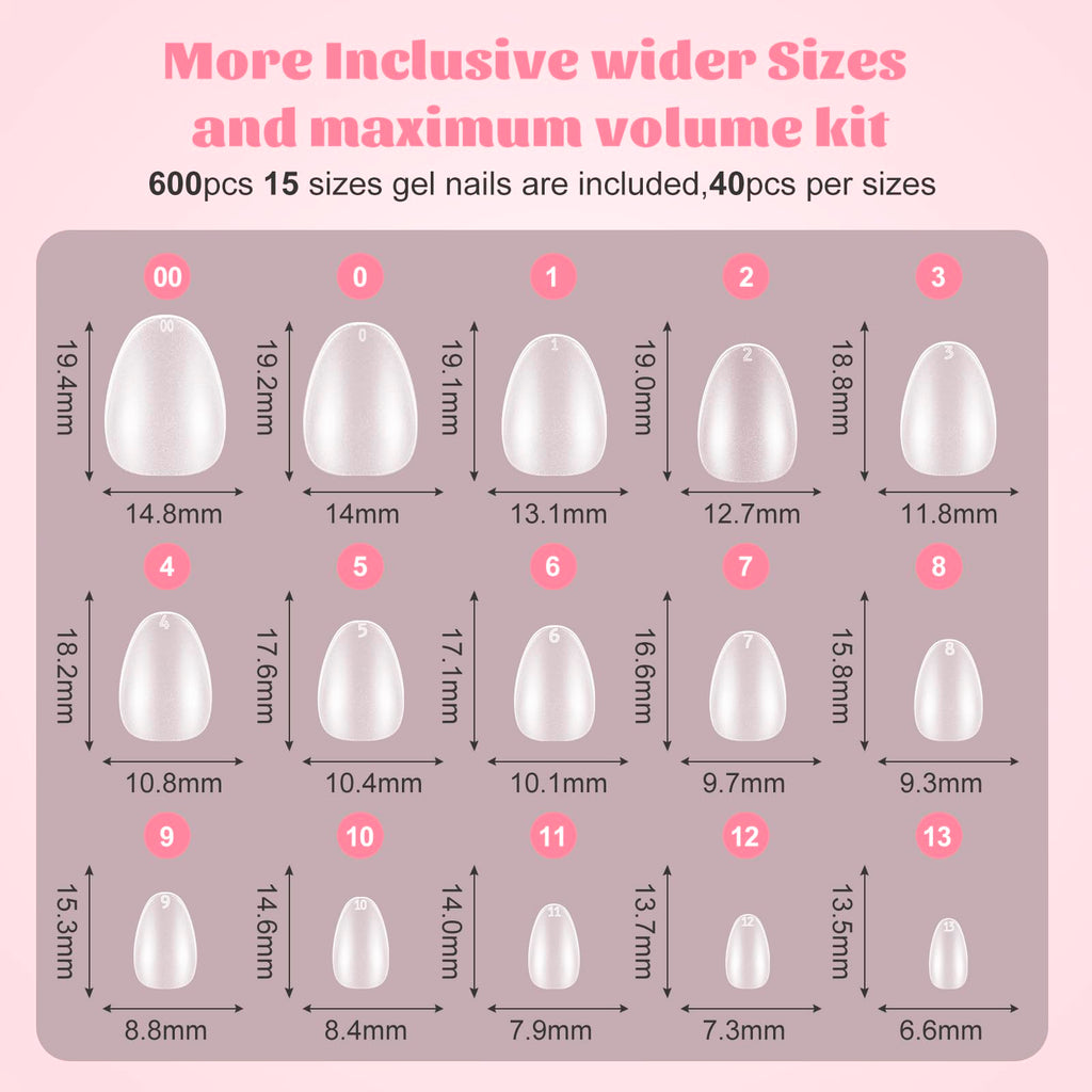 SINOKAME Extra Short Almond Nail Tips – No-File Gel Extensions, 600 Pcs, 12 Sizes