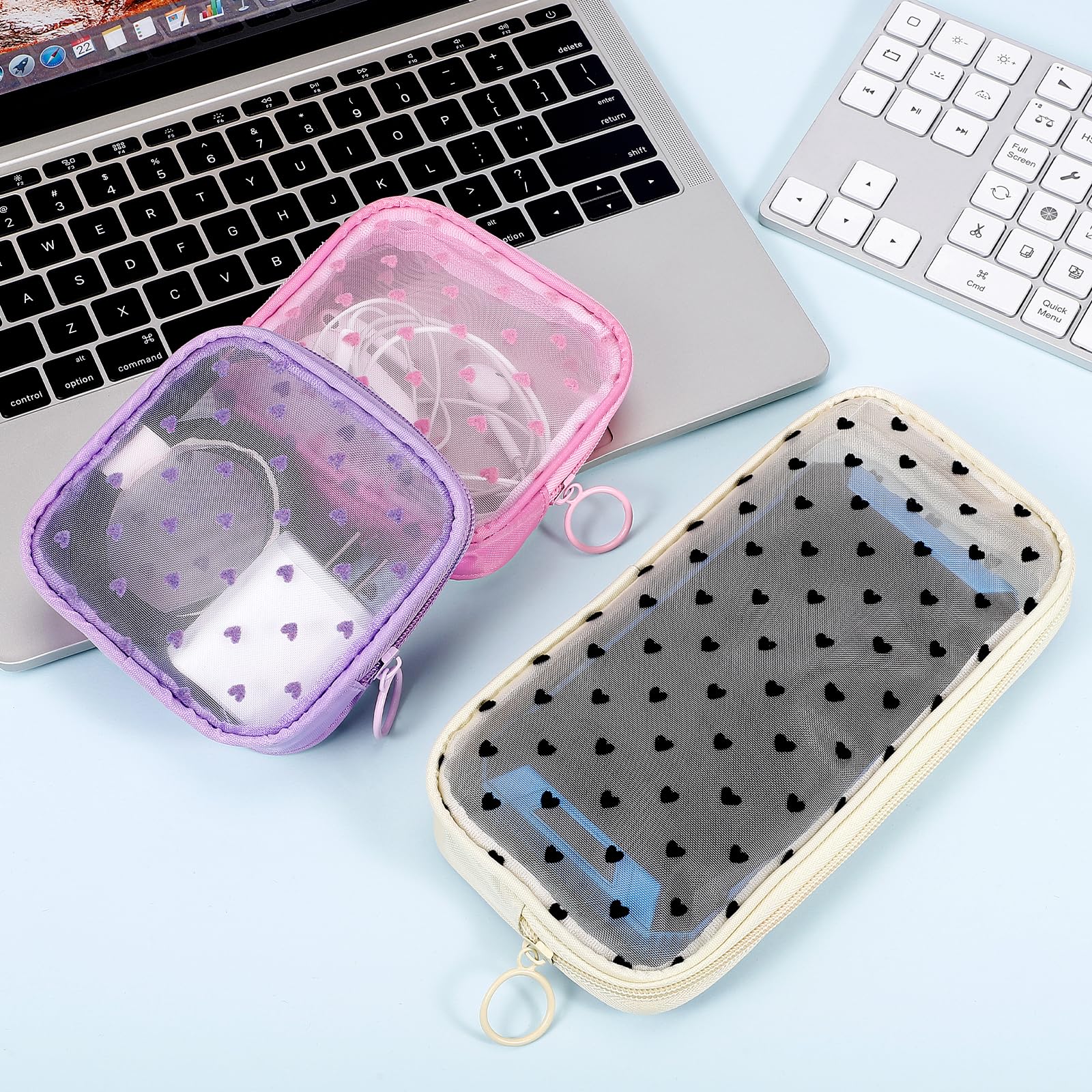 Sinzip 4-Piece Mini Zipper Nylon Mesh Pouches | Heart Print Pink | Travel & Office Organizer Bags