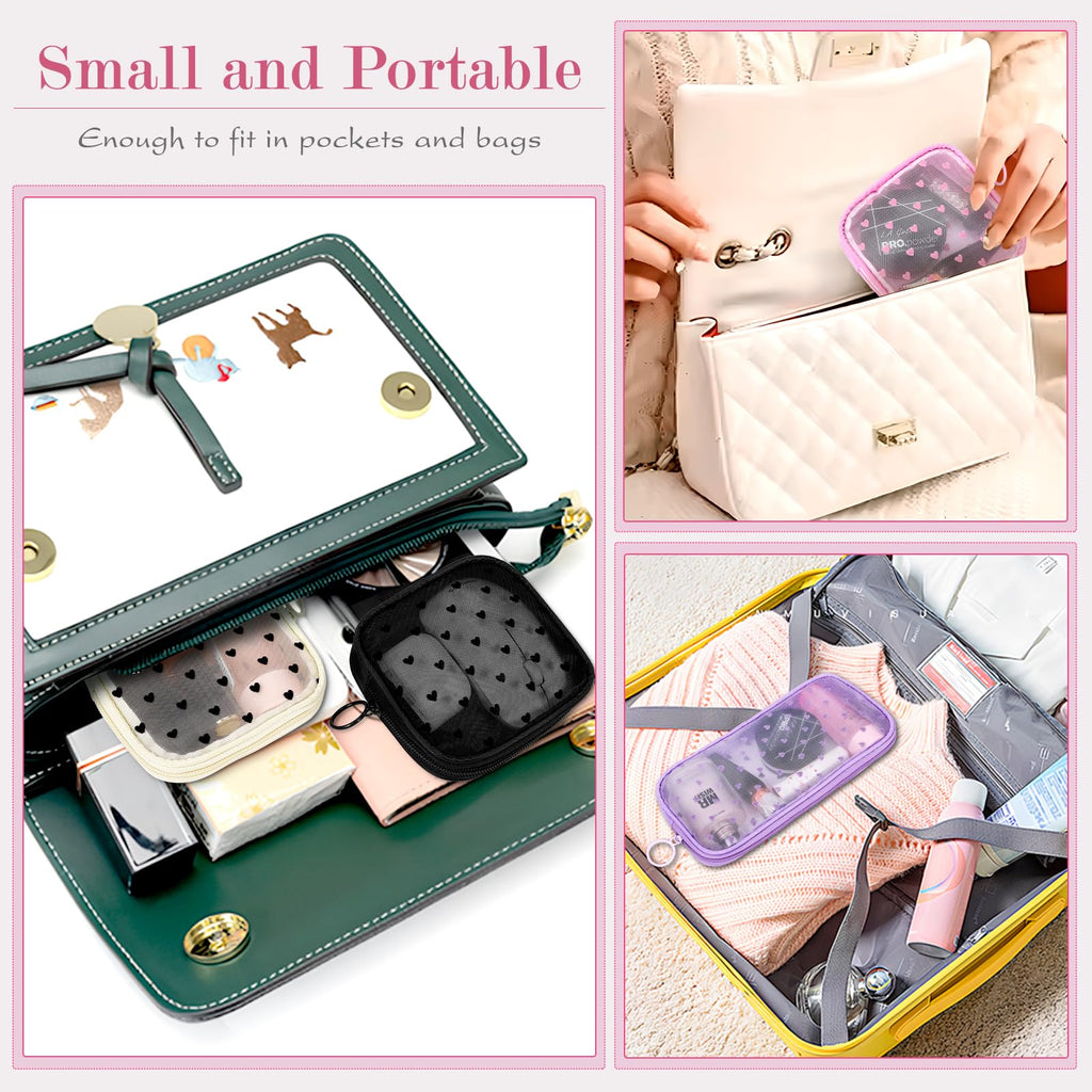 Sinzip 4-Piece Mini Zipper Nylon Mesh Pouches | Heart Print Pink | Travel & Office Organizer Bags