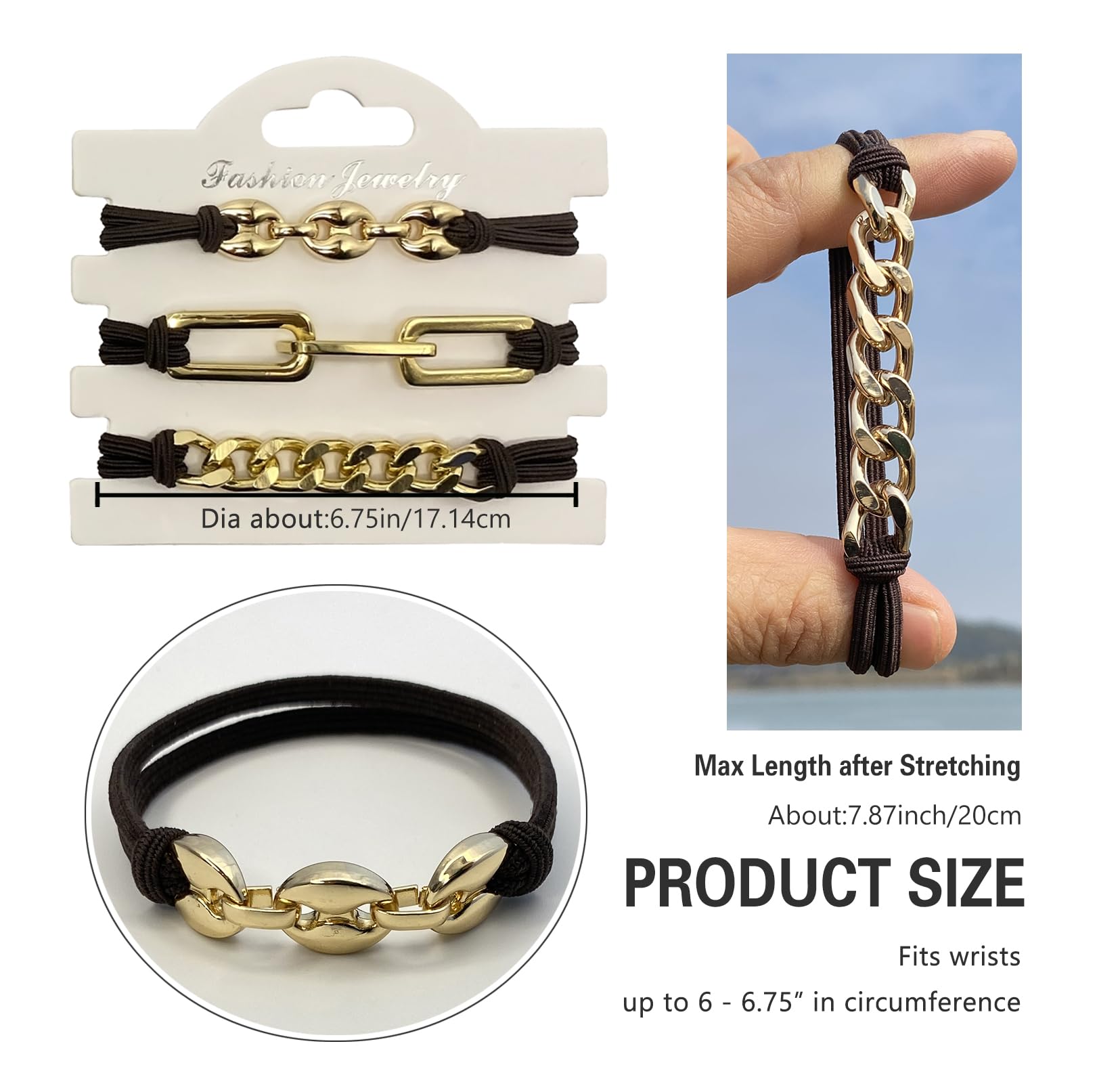 SISYOUP Bracelet Hair Ties – Gold Decorative Ponytail Cuff (3 Colorways)