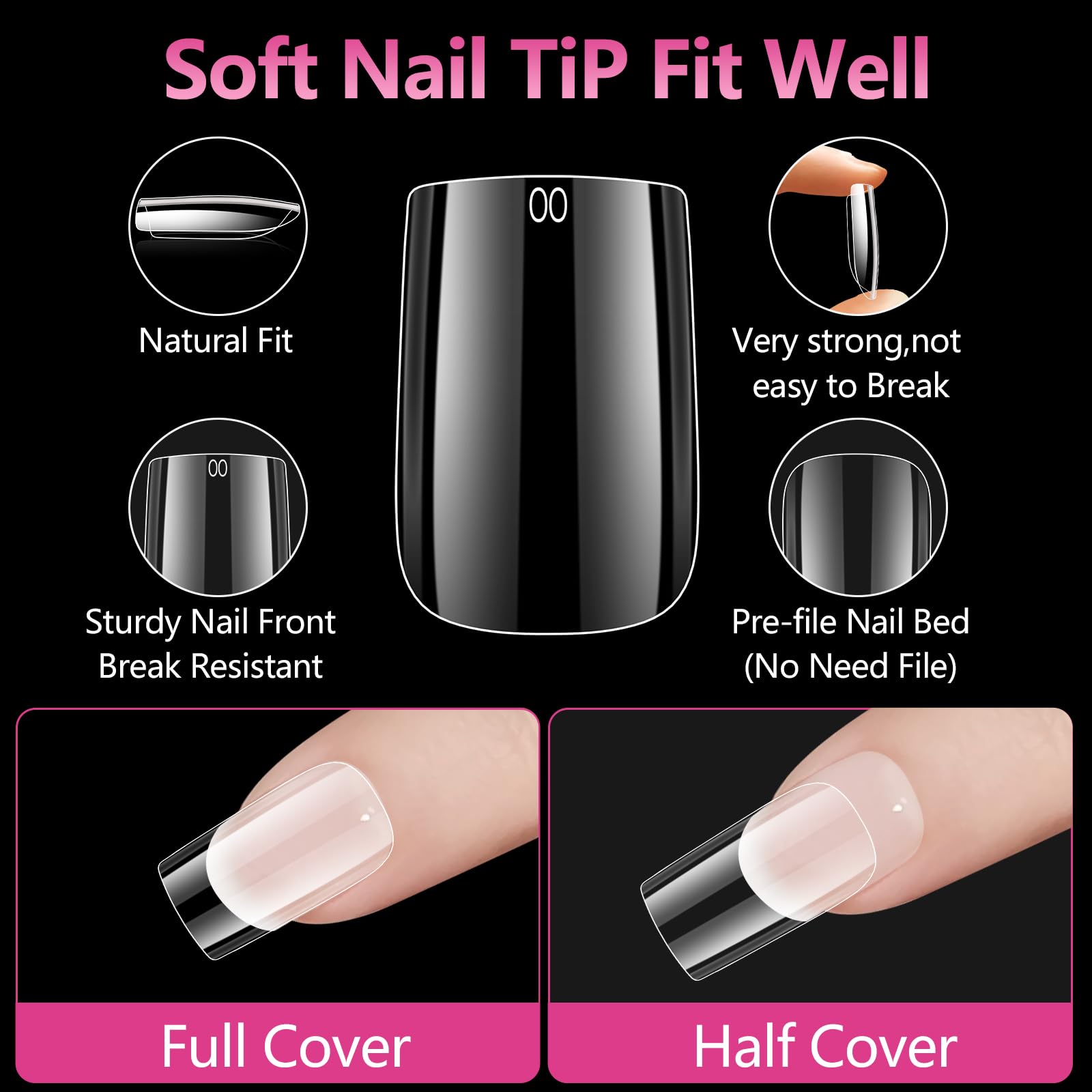 SITELENABY Natural Square Nail Tips – 600Pcs Thick Full-Cit Gel Nails, 15 Sizes 00-13