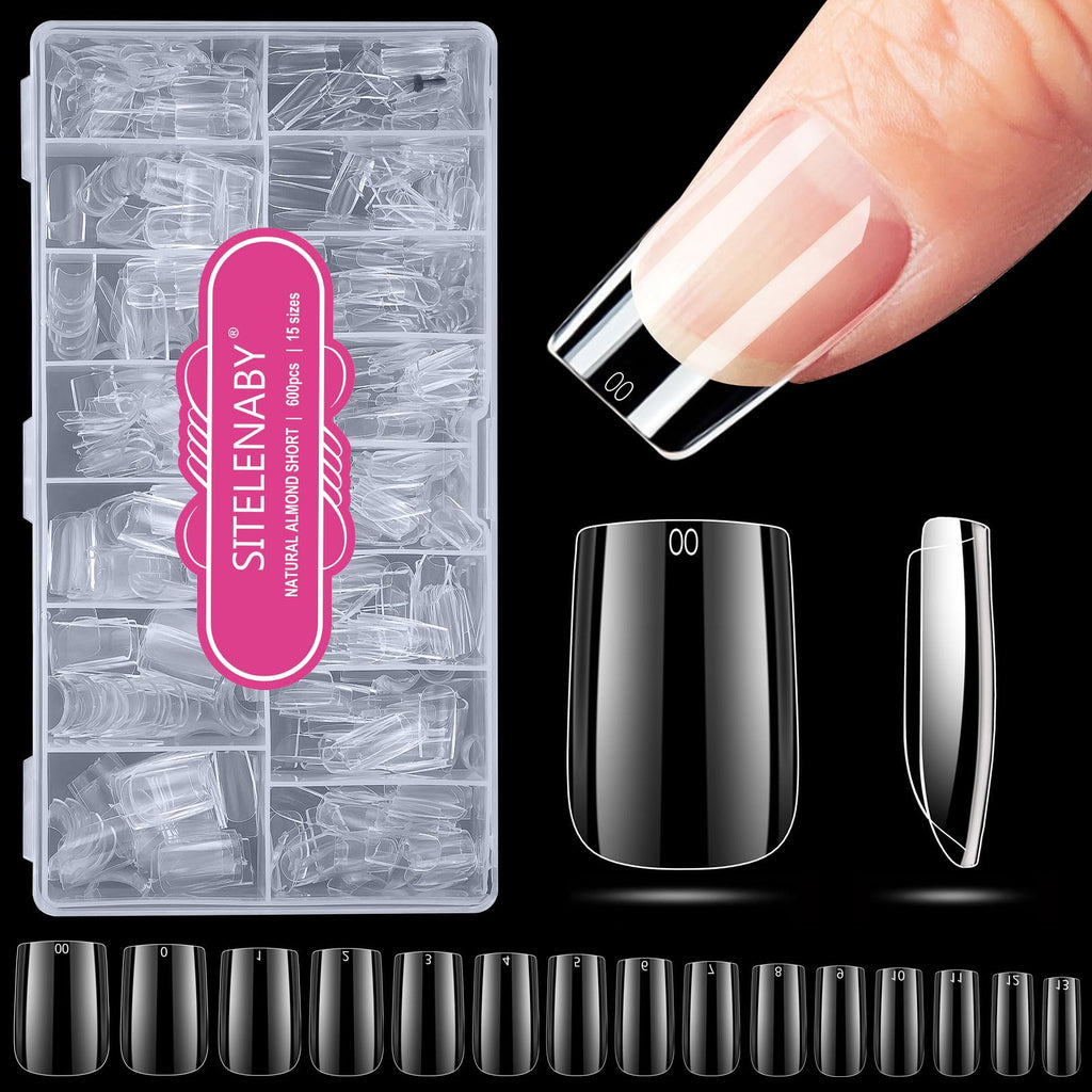 SITELENABY Natural Square Nail Tips – 600Pcs Thick Full-Cit Gel Nails, 15 Sizes 00-13