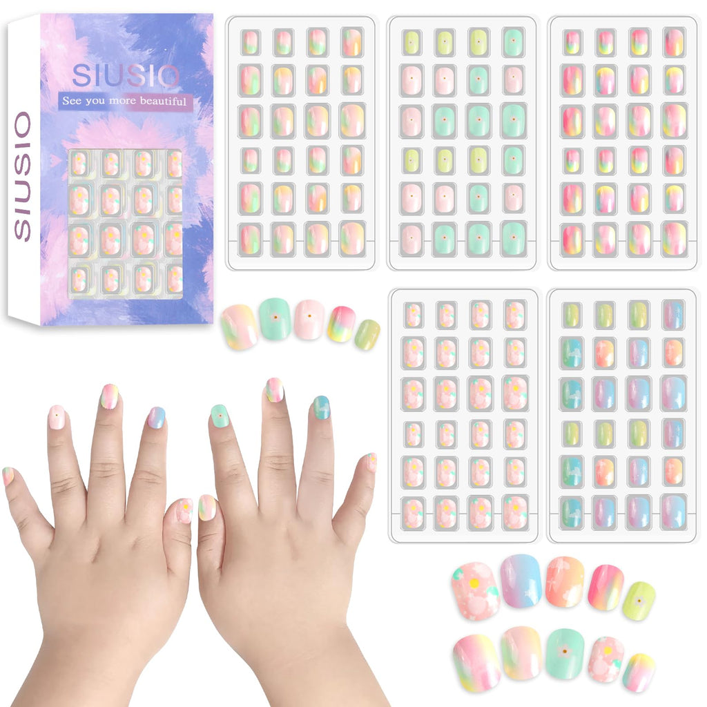 SIUSIO Gradient Paradise Kids Press-On Nails – 120Pcs, 5 Pack, Pre-glue Short Rainbow Nails