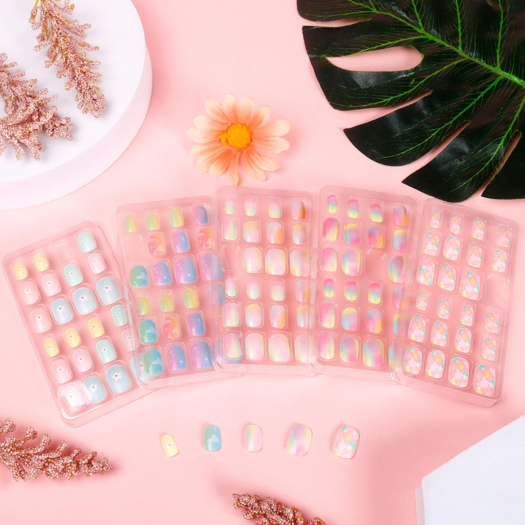 SIUSIO Gradient Paradise Kids Press-On Nails – 120Pcs, 5 Pack, Pre-glue Short Rainbow Nails