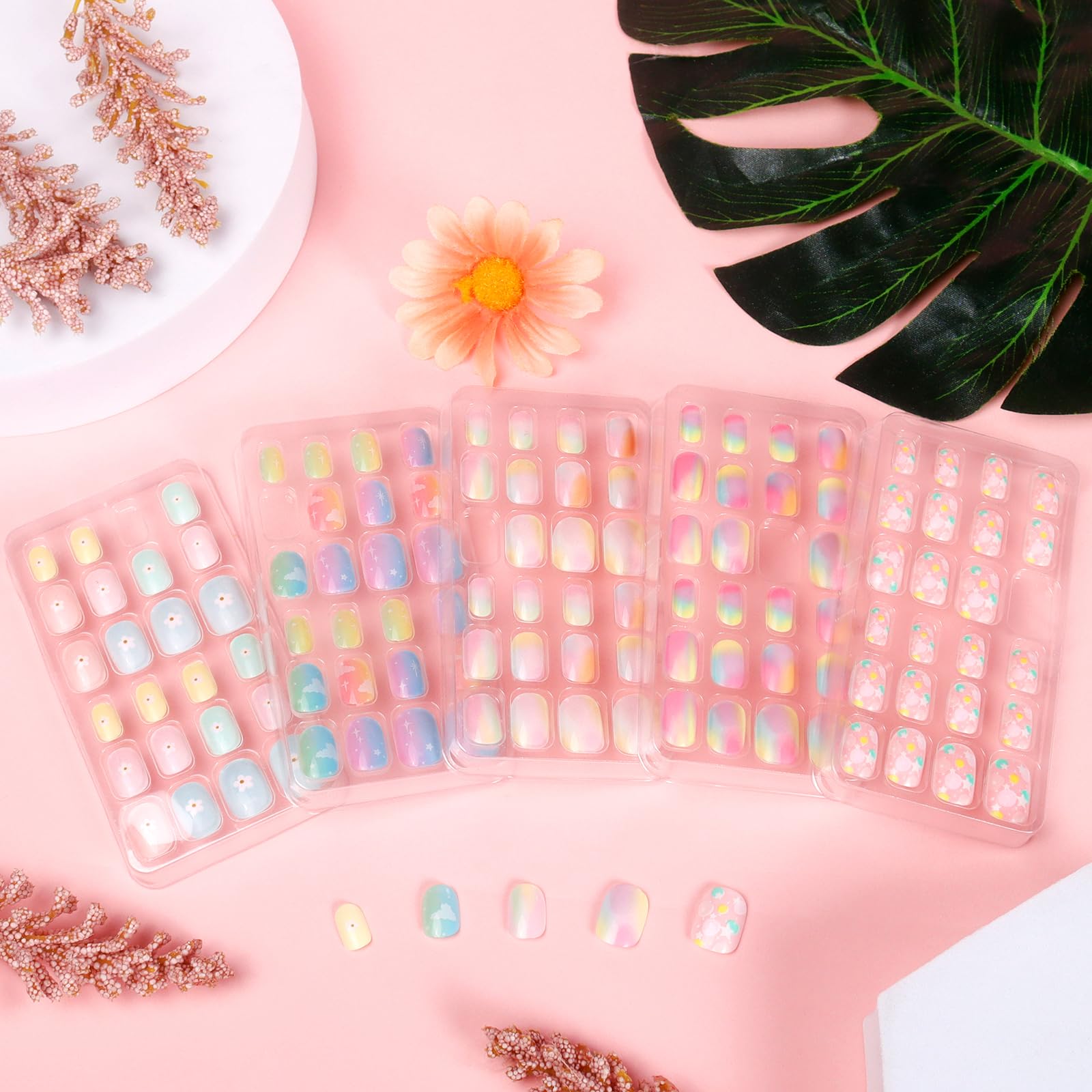 SIUSIO Gradient Paradise Kids Press-On Nails – 120Pcs, 5 Pack, Pre-glue Short Rainbow Nails