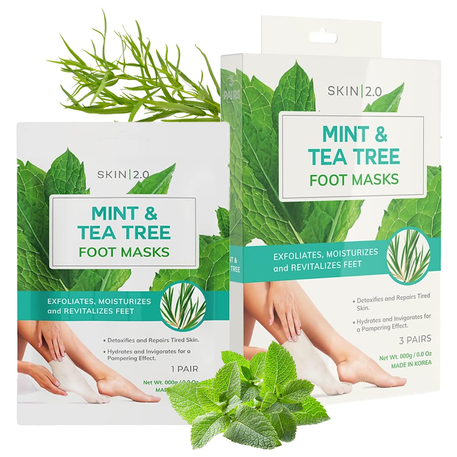 Skin 2.0 Tea Tree & Mint Foot Masks – Cooling Hydration & Gentle Exfoliation (Korean Skincare) – 3 Pairs