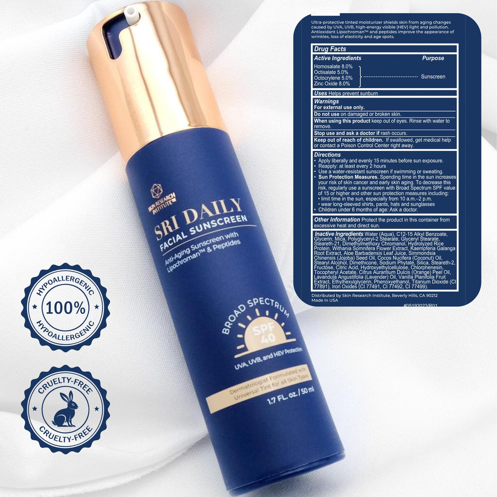 SRILabs Daily Facial Sunscreen SPF 40 — Universal Tint, Weightless Finish, Lipochroman & Peptides