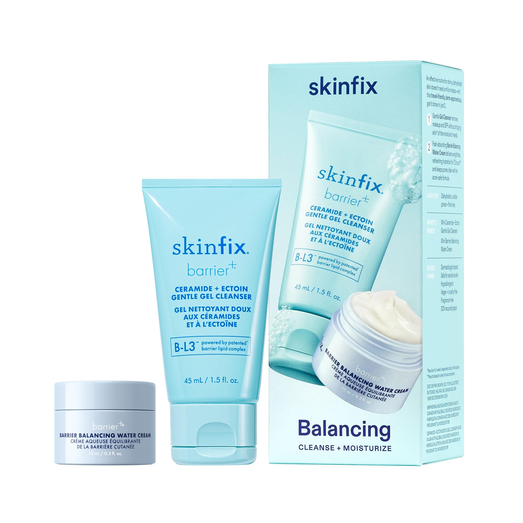 Skinfix Balancing Cleanse + Moisturize Set – Hyaluronic Acid, Mini Ceramide + Ectoin Gentle Gel Cleanser & Barrier Balancing Water Cream – Vegan