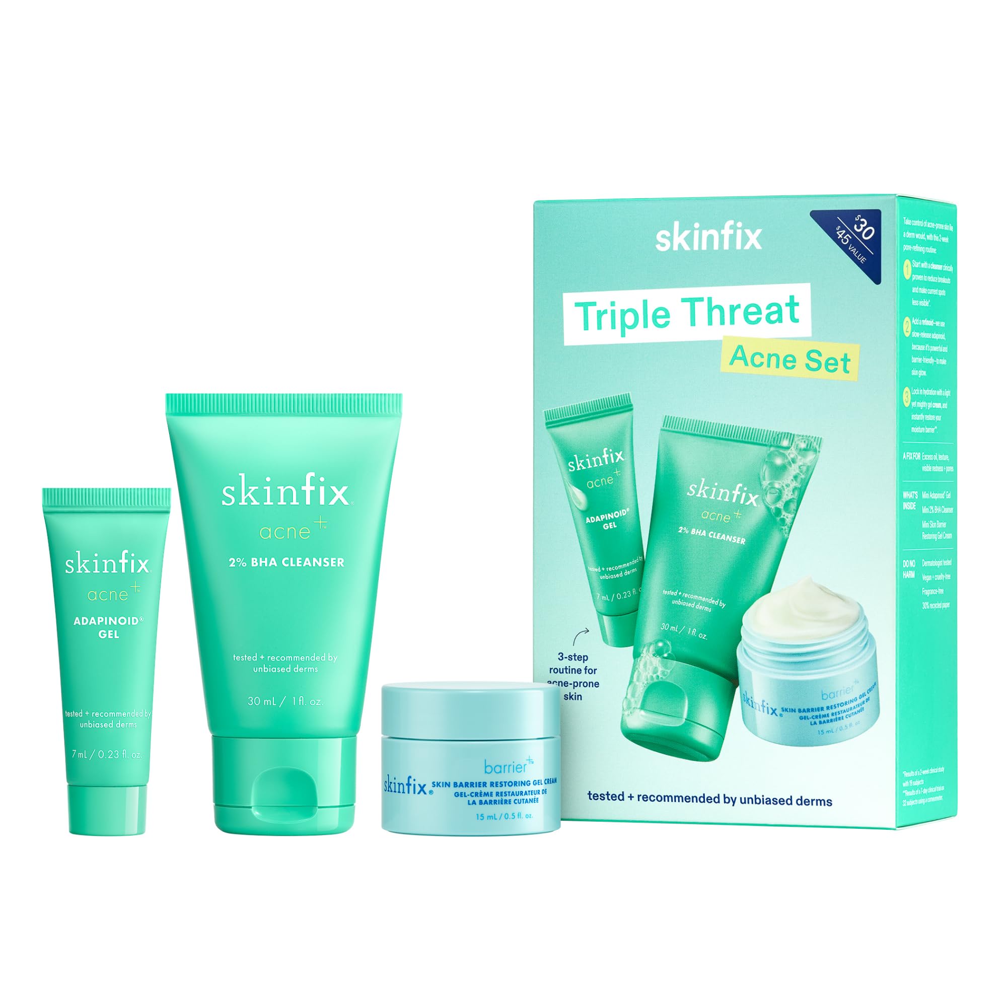 Skinfix Triple Threat Set – Fragrance-Free Minis (BHA Cleanser, Adapinoid Gel, Barrier Gel Cream) – Vegan & Cruelty-Free