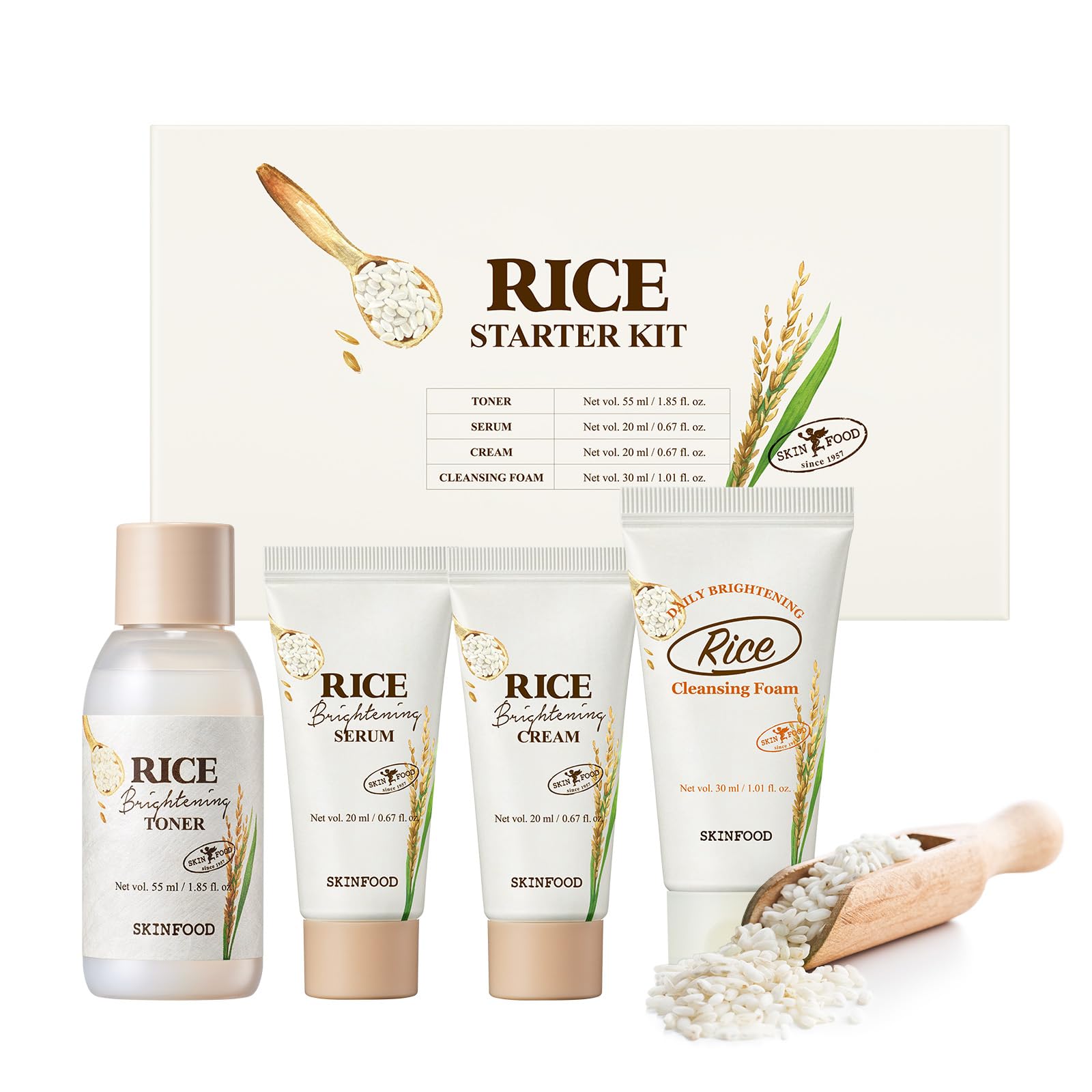SKINFOOD 1957 Rice Starter Kit — Rice Cleanser, Toner, Serum & Moisturizer for Glass Skin