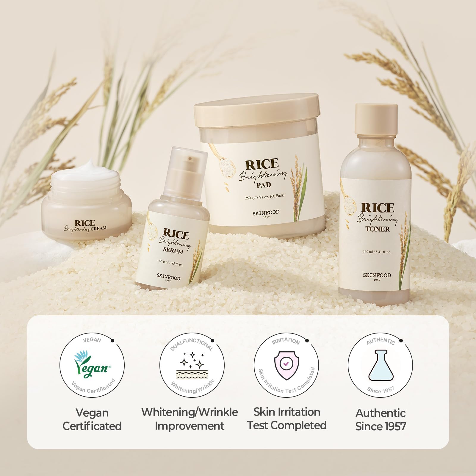 SKINFOOD 1957 Rice Starter Kit — Rice Cleanser, Toner, Serum & Moisturizer for Glass Skin