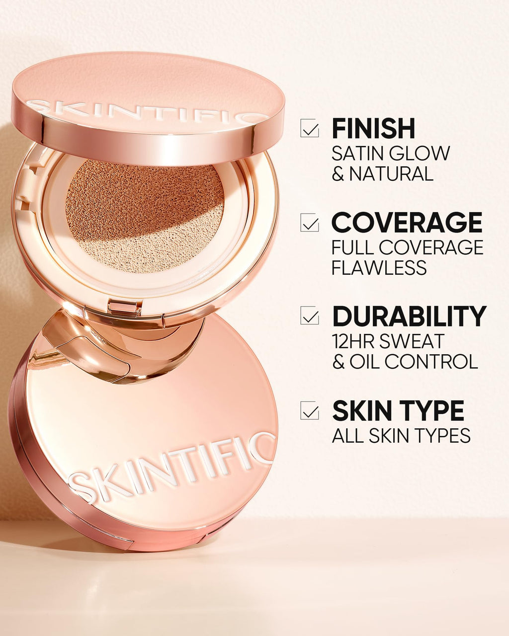 SKINTIFIC Cushion Foundation | Full Coverage, Weightless Feel, Satin Glow | Sweatproof & Waterproof