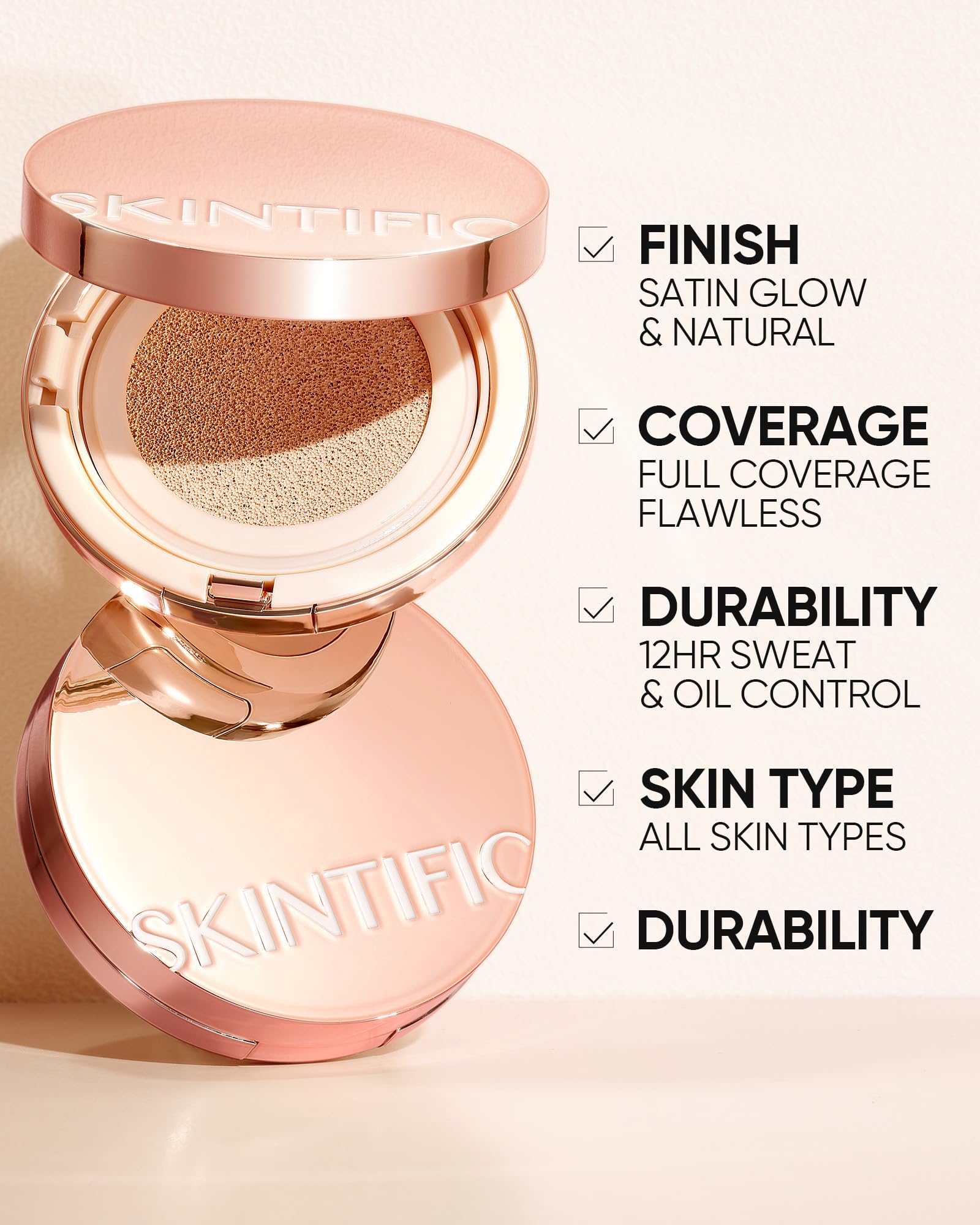 SKINTIFIC Cushion Foundation – Full Coverage, Weightless Skin-Fit, Satin Glow Finish, Sweatproof & Oil-Control