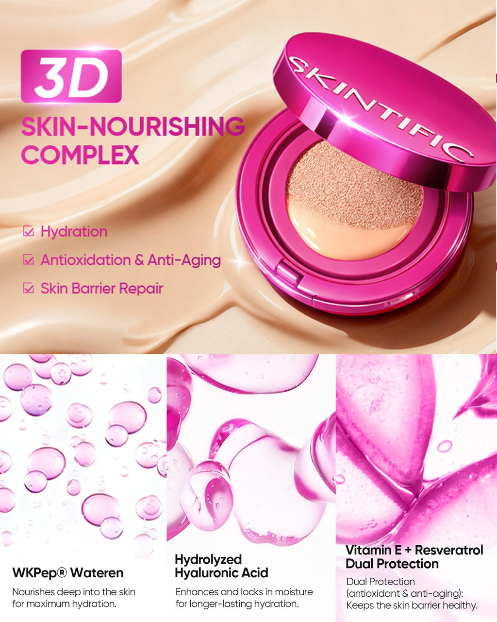 SKINTIFIC Pink Glow Cushion Foundation #03 Petal — Medium Coverage, Natural Dewy Finish, Hydrating & Lightweight