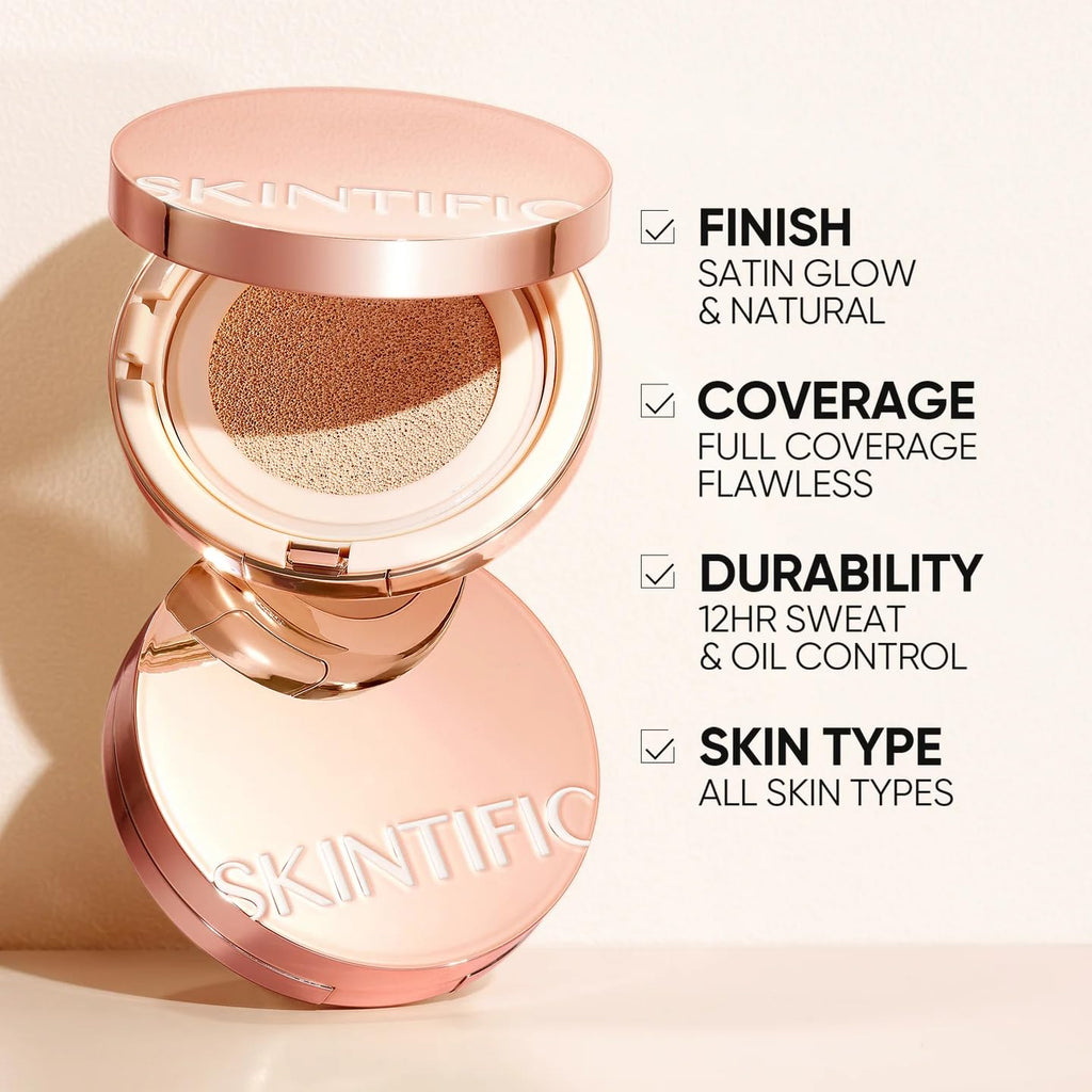 Skintific Full Coverage Cushion Foundation #22N Shell Beige | Satin Glow, Oil-Control & Waterproof