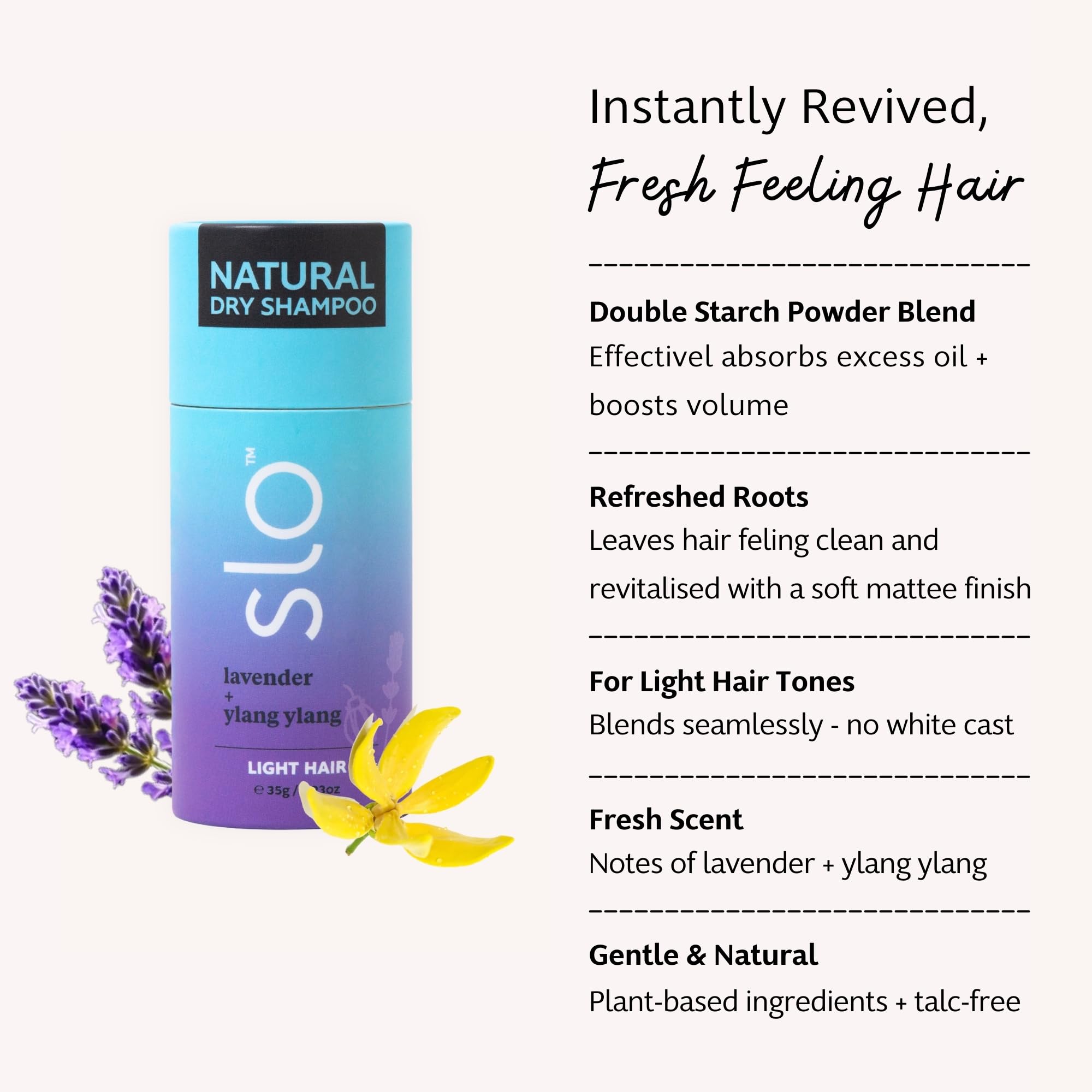Slo Dry Shampoo Powder for Light Hair | Lavender + Ylang Ylang | 2 Pack (35g each) – All Natural, Vegan & Cruelty-Free, Talc-Free, Paper Packaging