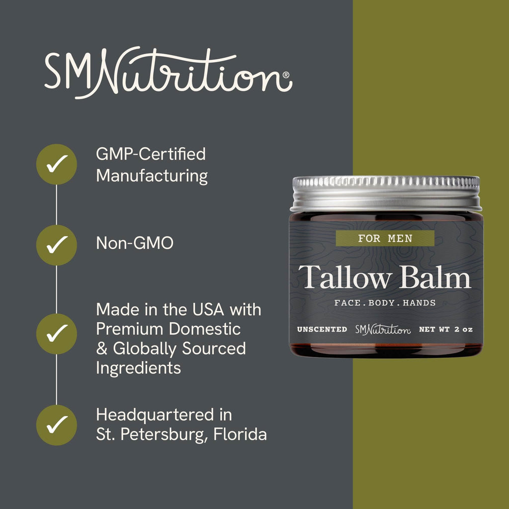SMNutrition Beef Tallow Balm for Men – Unscented, Grass-Fed & Cruelty-Free Face & Body Moisturizer | 2 oz