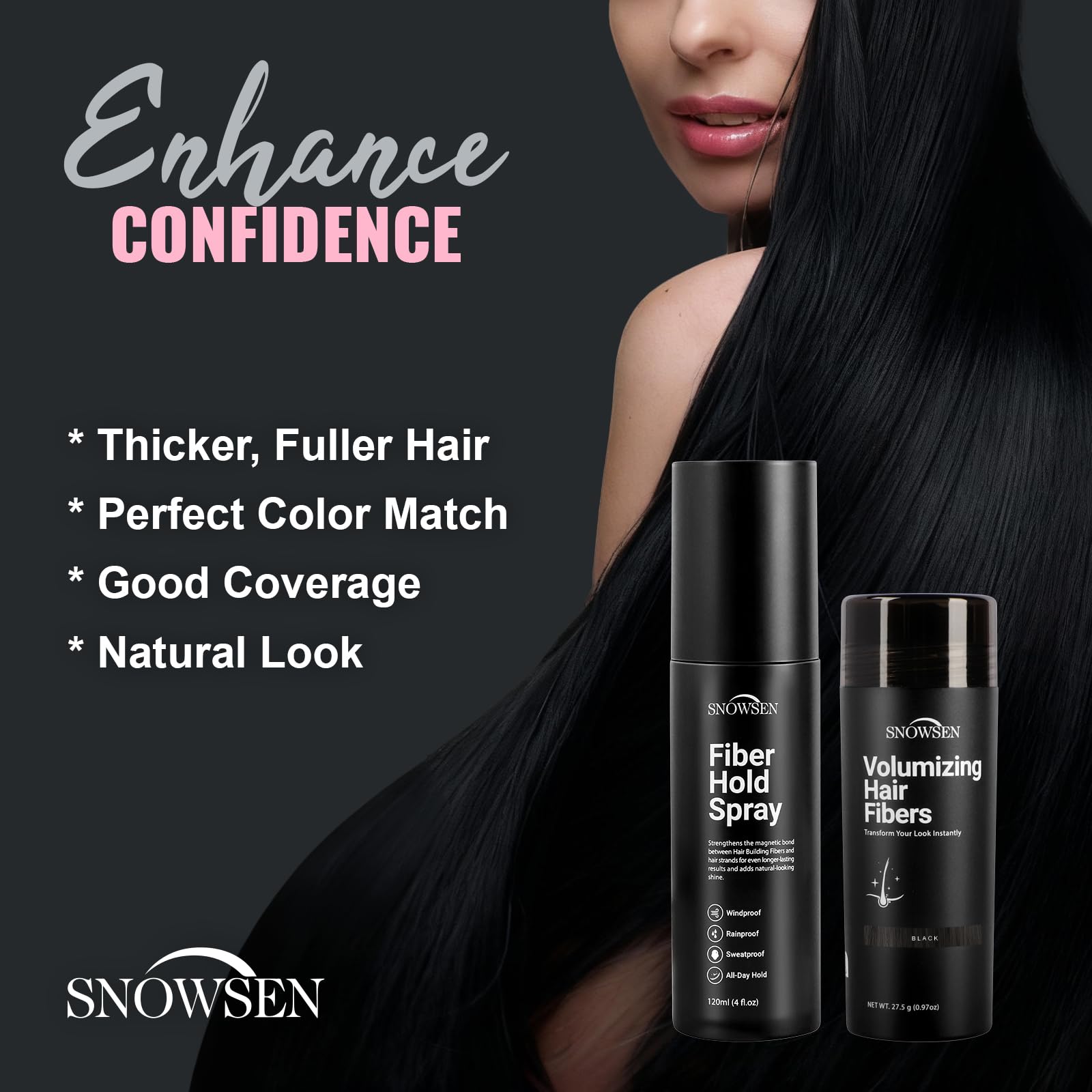 SNOWSEN Hair Building Fibers for Thinning Hair – 27.5g with Pump (Black)