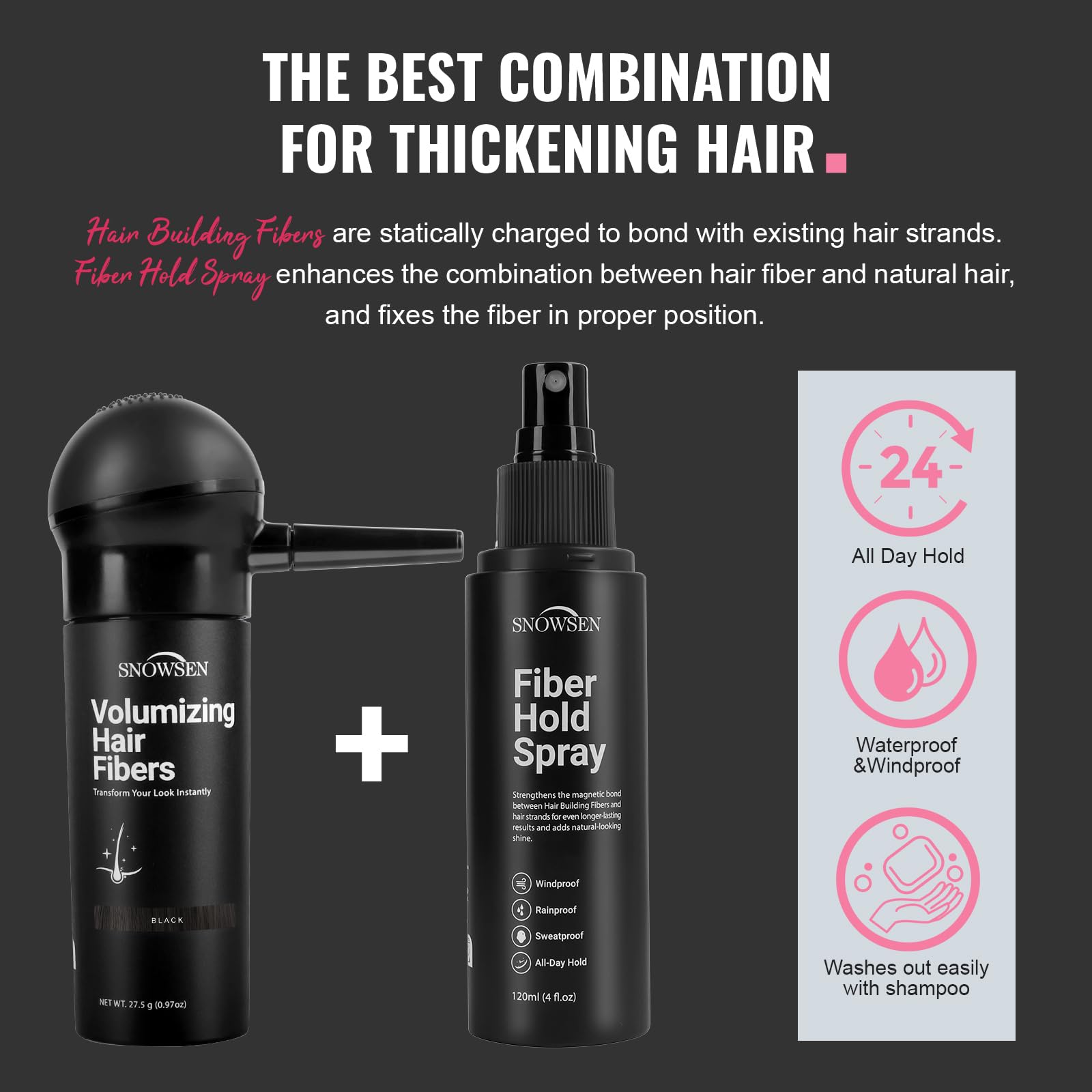 SNOWSEN Hair Building Fibers for Thinning Hair – 27.5g with Pump (Black)