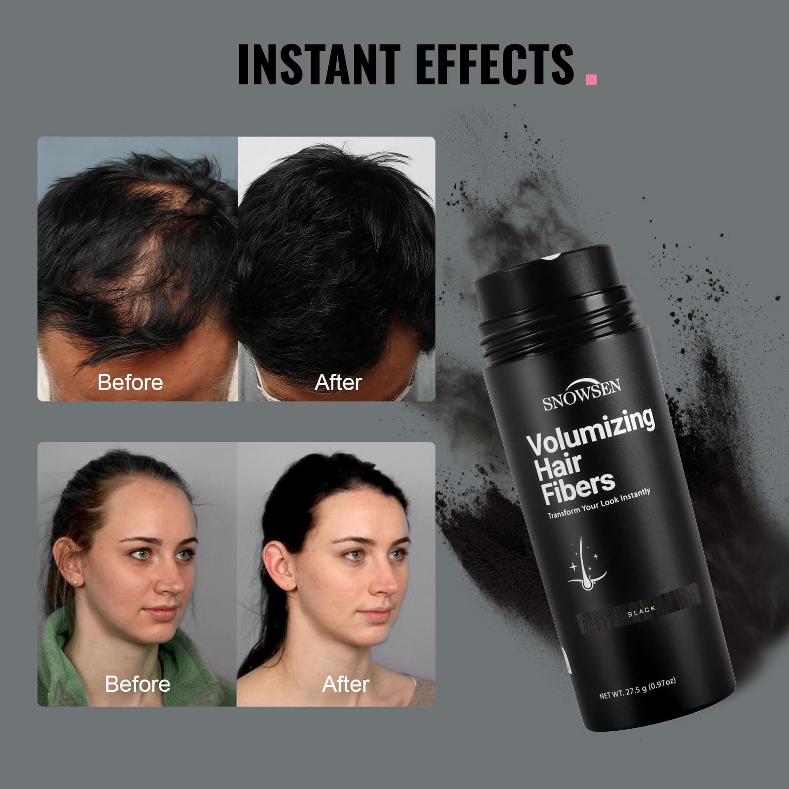 SNOWSEN Hair Building Fibers for Thinning Hair – 27.5g with Pump (Black)