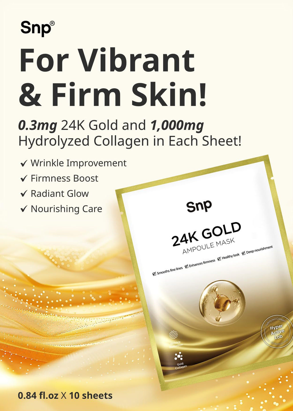 SNP 1000mg Collagen + 24K Gold Ampoule Sheet Mask – Hydrating, Tightening & Nourishing | 10 Sheets