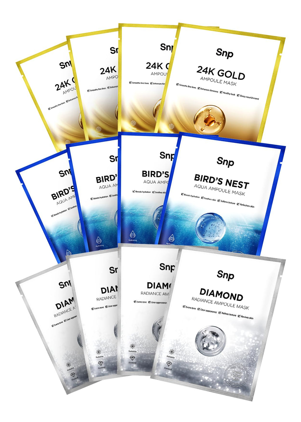 SNP Variety Ampoule Sheet Mask Set - Bird's Nest, 24K Gold & Diamond Masks - Hydrating Korean Skincare (12 Sheets)