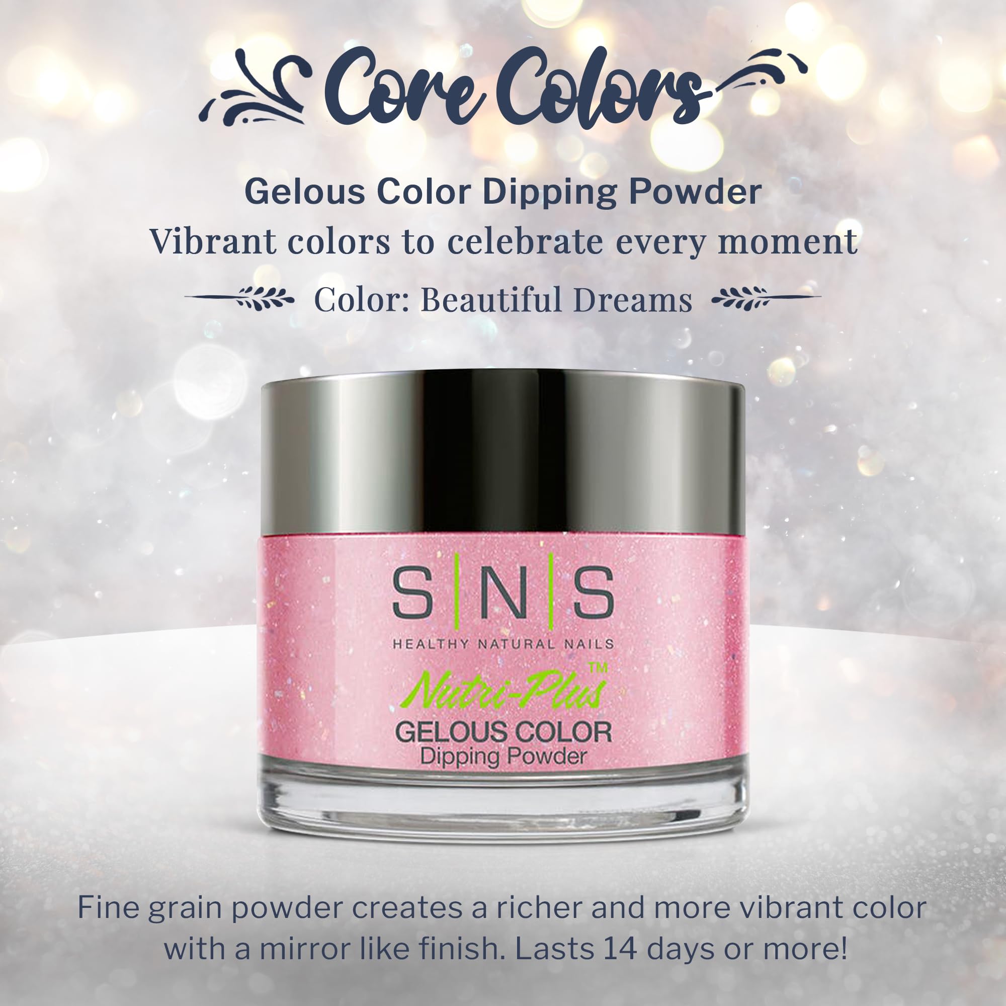 SNS Nail Dip Powder – Beautiful Dreams Pink Glitter, 14-Day Wear, No UV Lamp