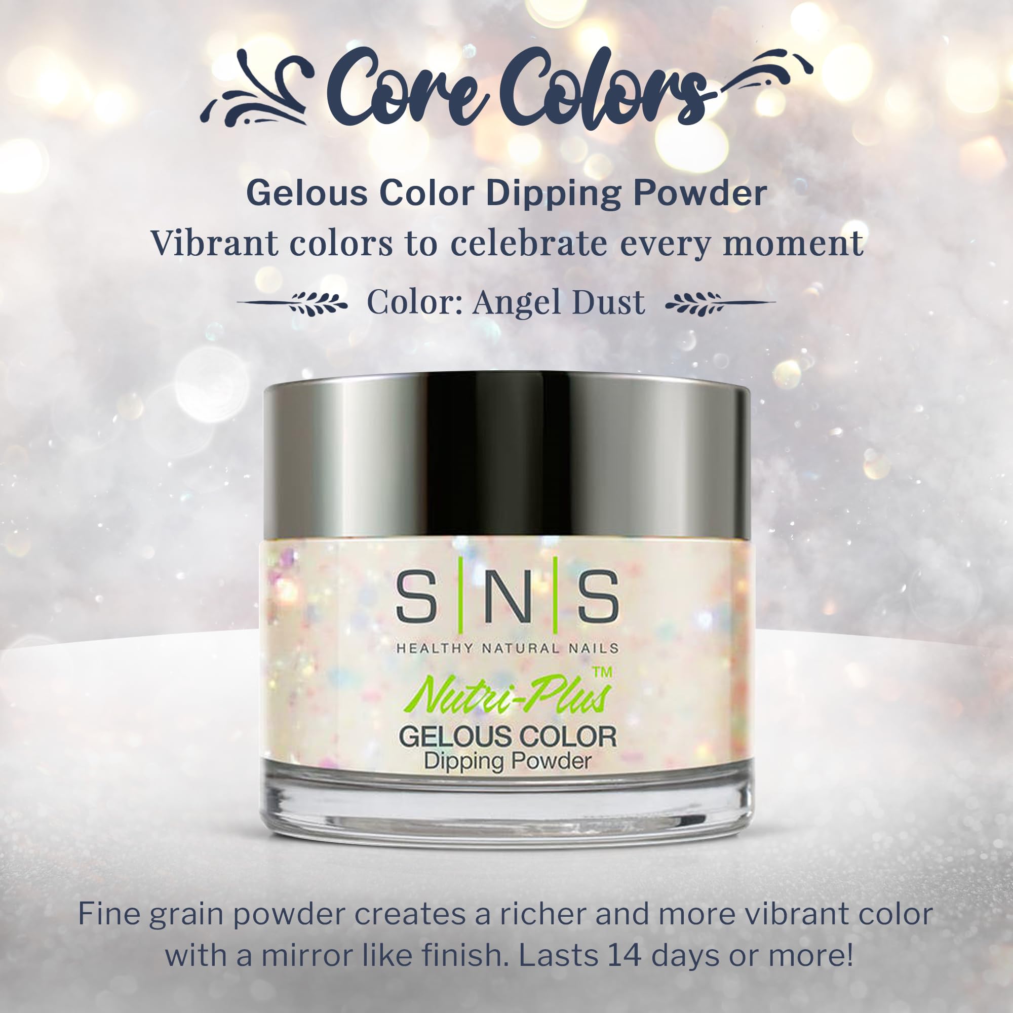 SNS Nail Dip Powder Angel Dust - Gelous Color Dipping Powder, White/Cream Glitter, 14 Days, Low Odor, No UV Lamp, 1oz