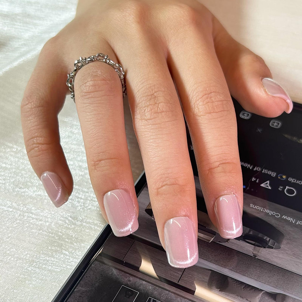 SnypeeLab Nude Pink Cat Eye Press-On Nails – Short Square, Glue-On & Reusable Gel Finish, 30 Pcs